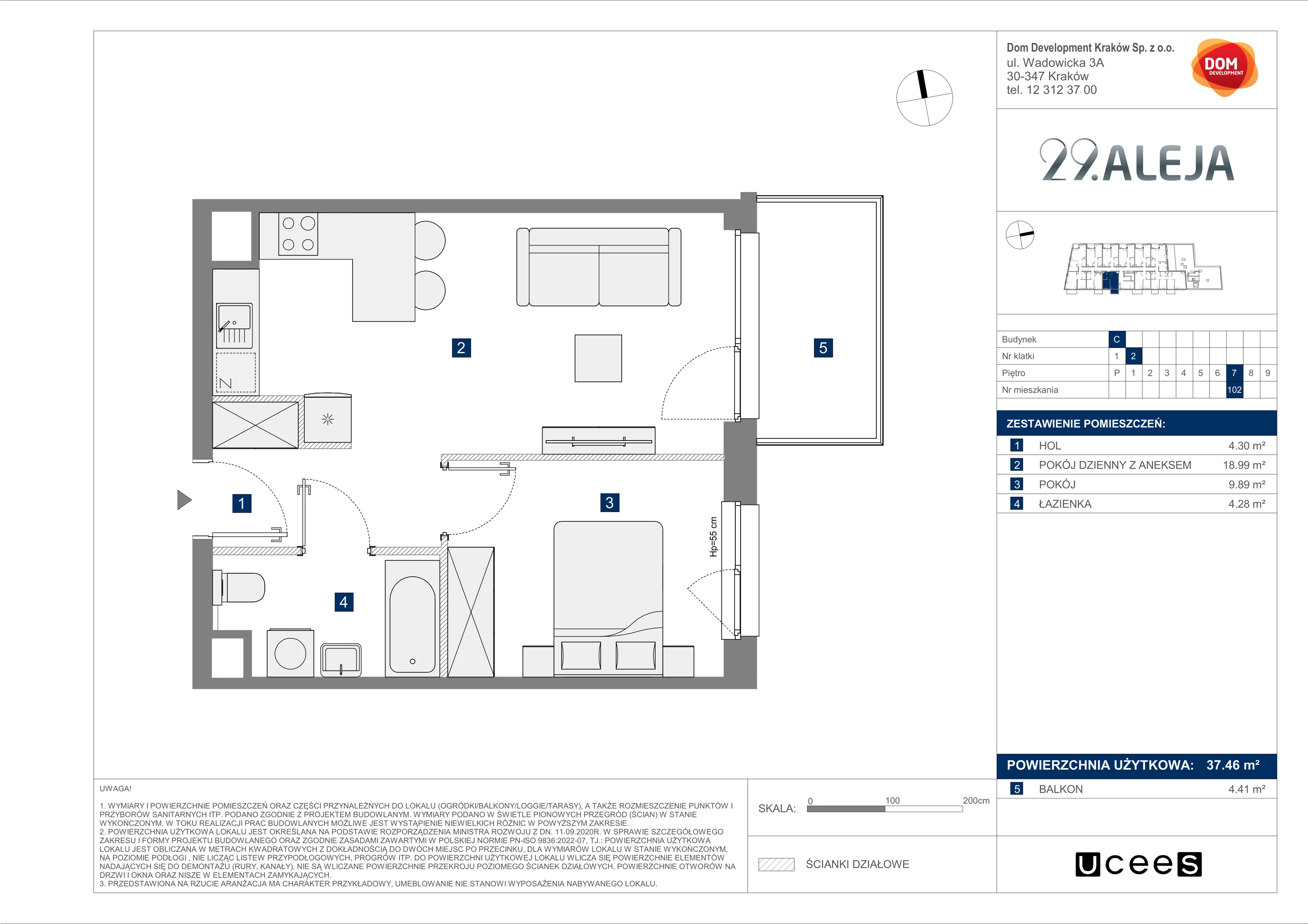 2 pokoje, mieszkanie 37,46 m², piętro 7, oferta nr C/102, 29. Aleja bud. C, Kraków, Stare Miasto, Warszawskie, al. 29 Listopada