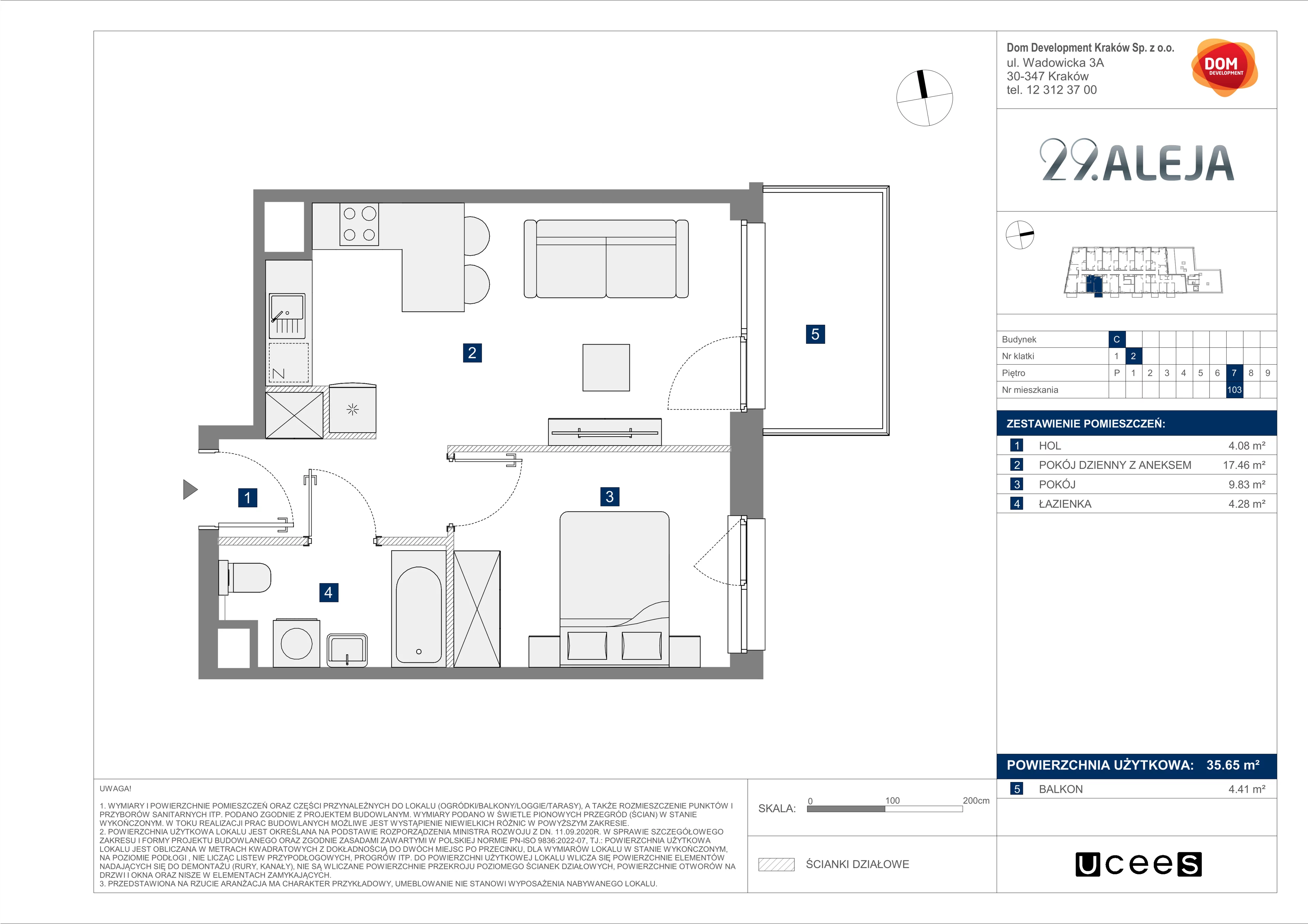 Mieszkanie 35,65 m², piętro 7, oferta nr C/103, 29. Aleja bud. C, Kraków, Stare Miasto, Warszawskie, al. 29 Listopada