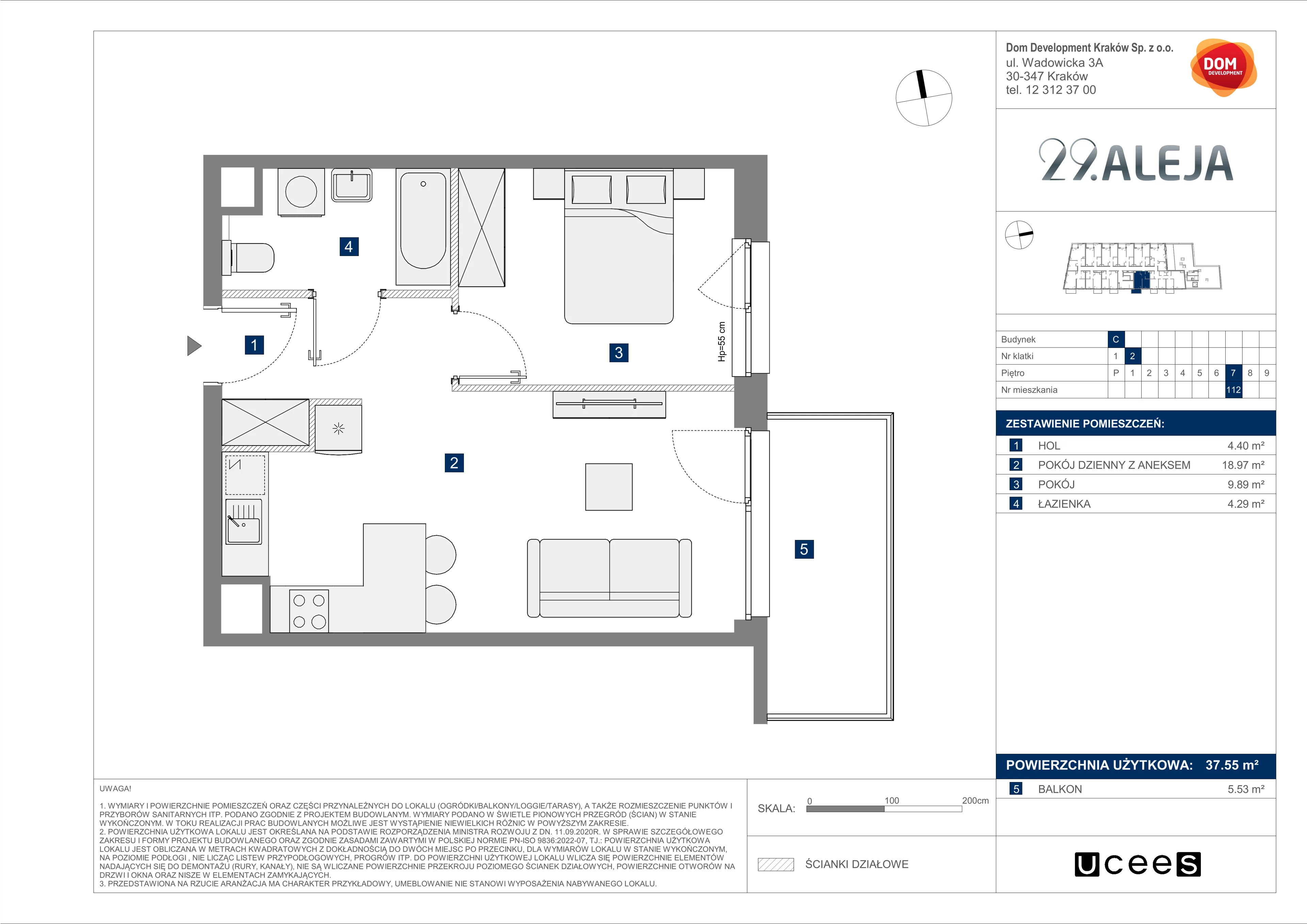 2 pokoje, mieszkanie 37,55 m², piętro 7, oferta nr C/112, 29. Aleja bud. C, Kraków, Stare Miasto, Warszawskie, al. 29 Listopada