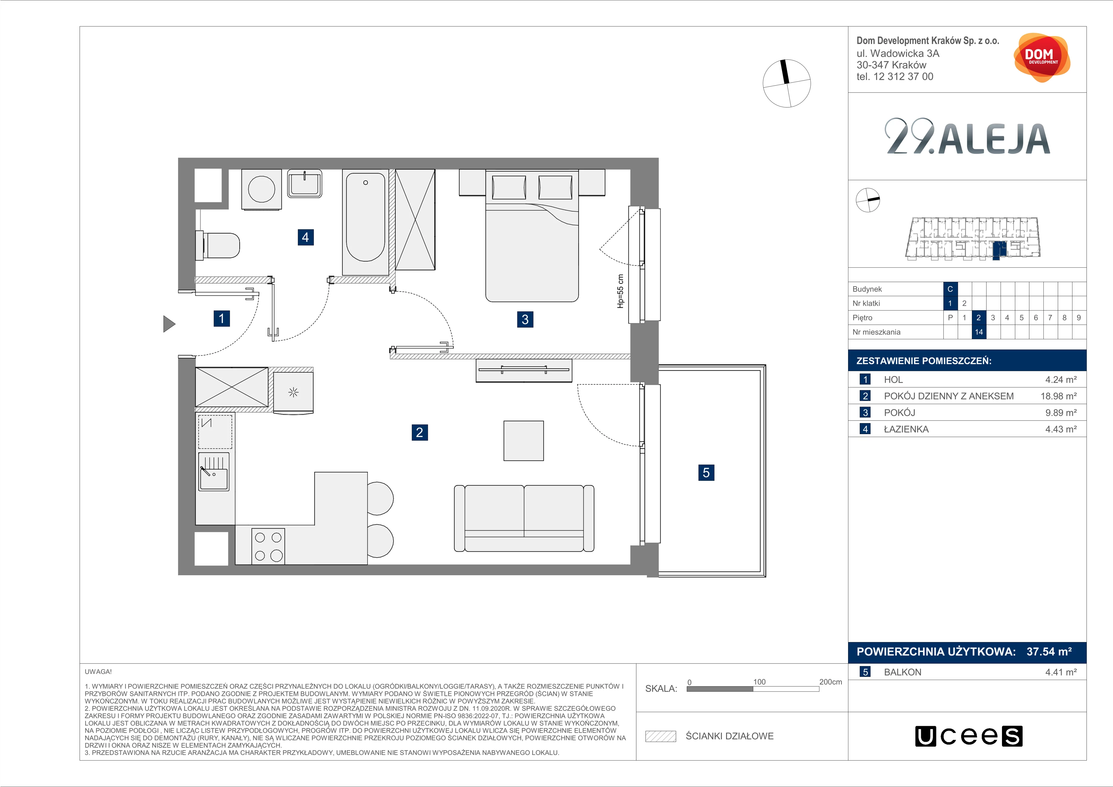 2 pokoje, mieszkanie 37,54 m², piętro 2, oferta nr C/14, 29. Aleja bud. C, Kraków, Stare Miasto, Warszawskie, al. 29 Listopada