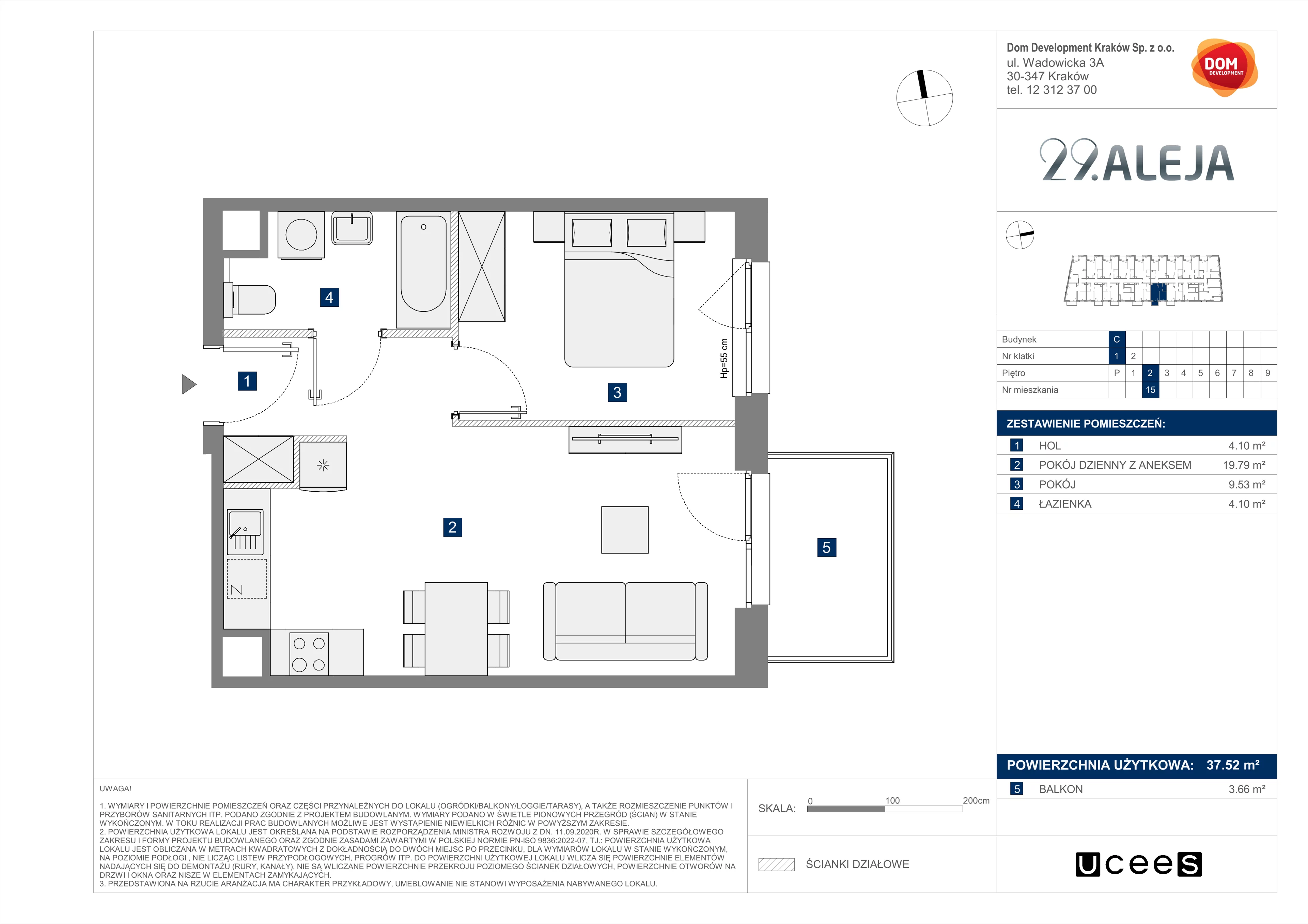 2 pokoje, mieszkanie 37,52 m², piętro 2, oferta nr C/15, 29. Aleja bud. C, Kraków, Stare Miasto, Warszawskie, al. 29 Listopada