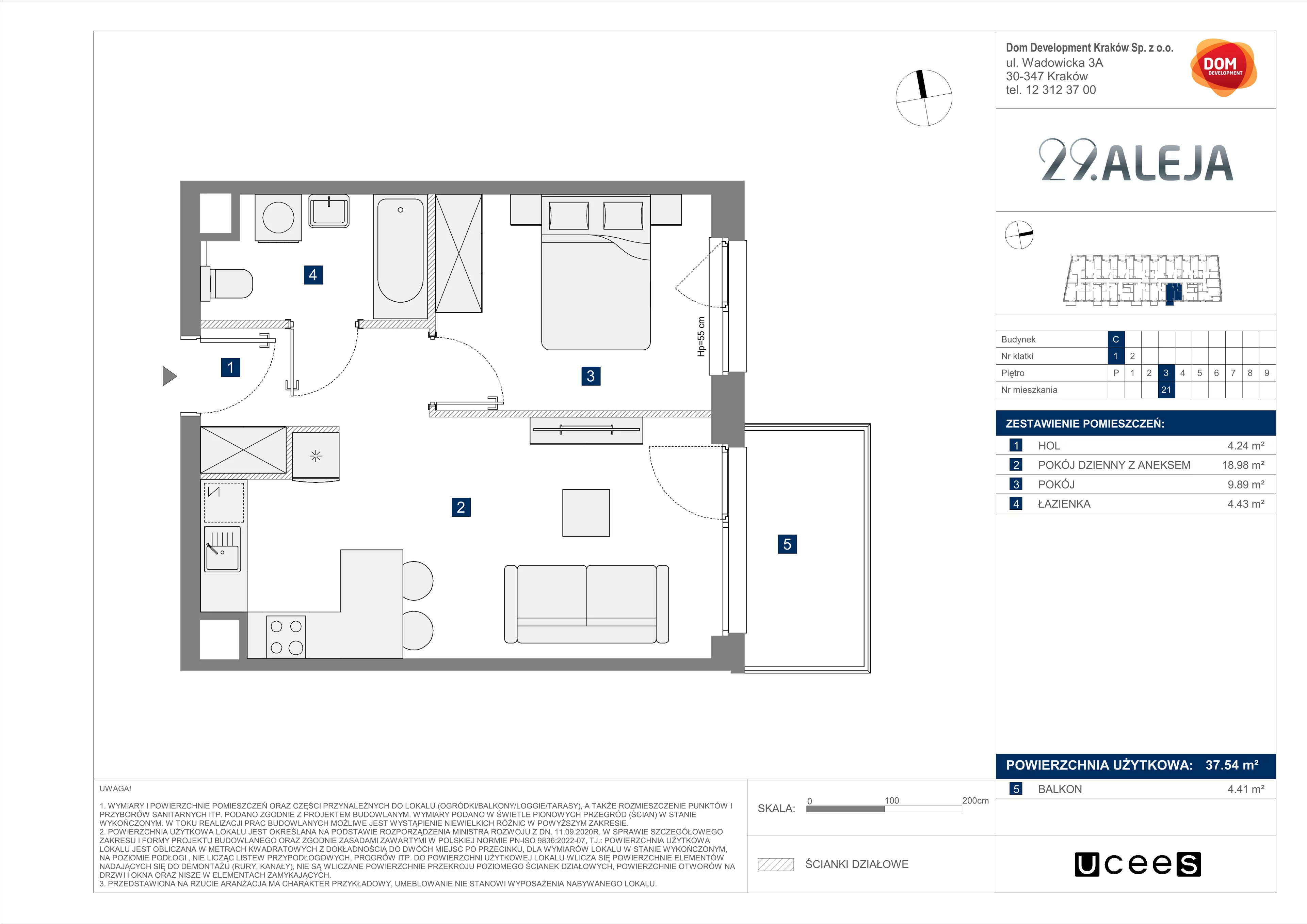 2 pokoje, mieszkanie 37,54 m², piętro 3, oferta nr C/21, 29. Aleja bud. C, Kraków, Stare Miasto, Warszawskie, al. 29 Listopada