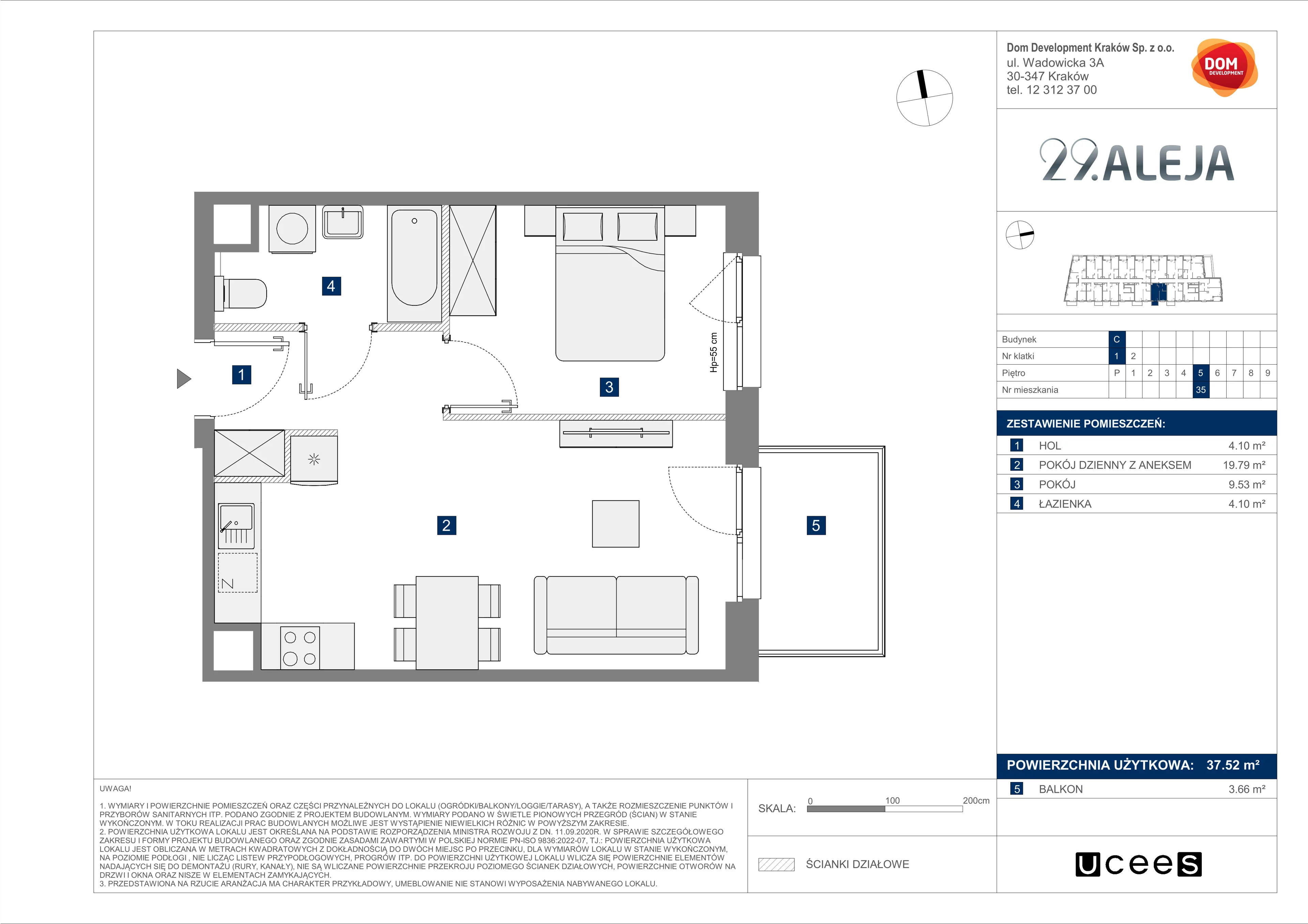 2 pokoje, mieszkanie 37,52 m², piętro 5, oferta nr C/35, 29. Aleja bud. C, Kraków, Stare Miasto, Warszawskie, al. 29 Listopada