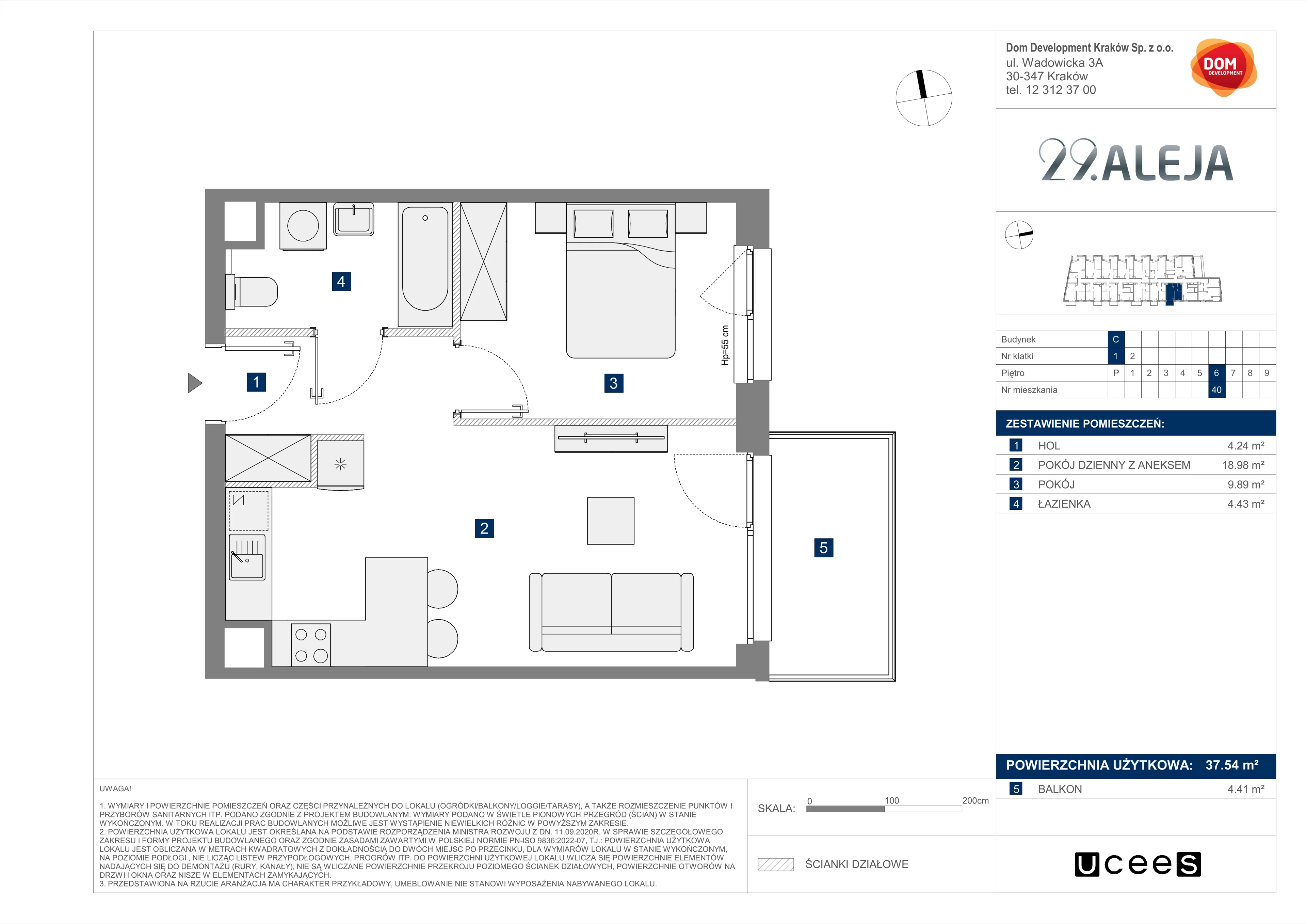 2 pokoje, mieszkanie 37,54 m², piętro 6, oferta nr C/40, 29. Aleja bud. C, Kraków, Stare Miasto, Warszawskie, al. 29 Listopada