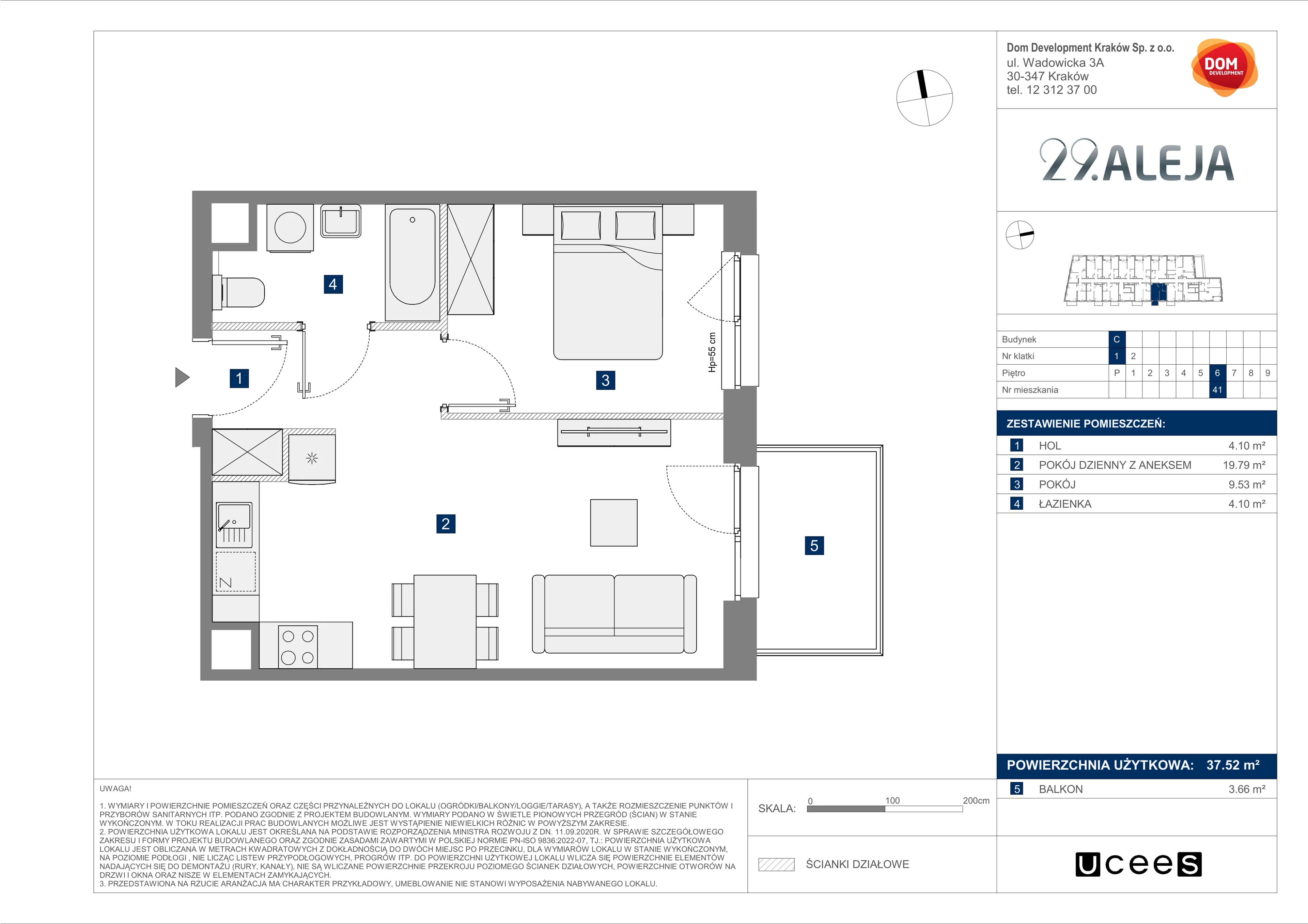 2 pokoje, mieszkanie 37,52 m², piętro 6, oferta nr C/41, 29. Aleja bud. C, Kraków, Stare Miasto, Warszawskie, al. 29 Listopada