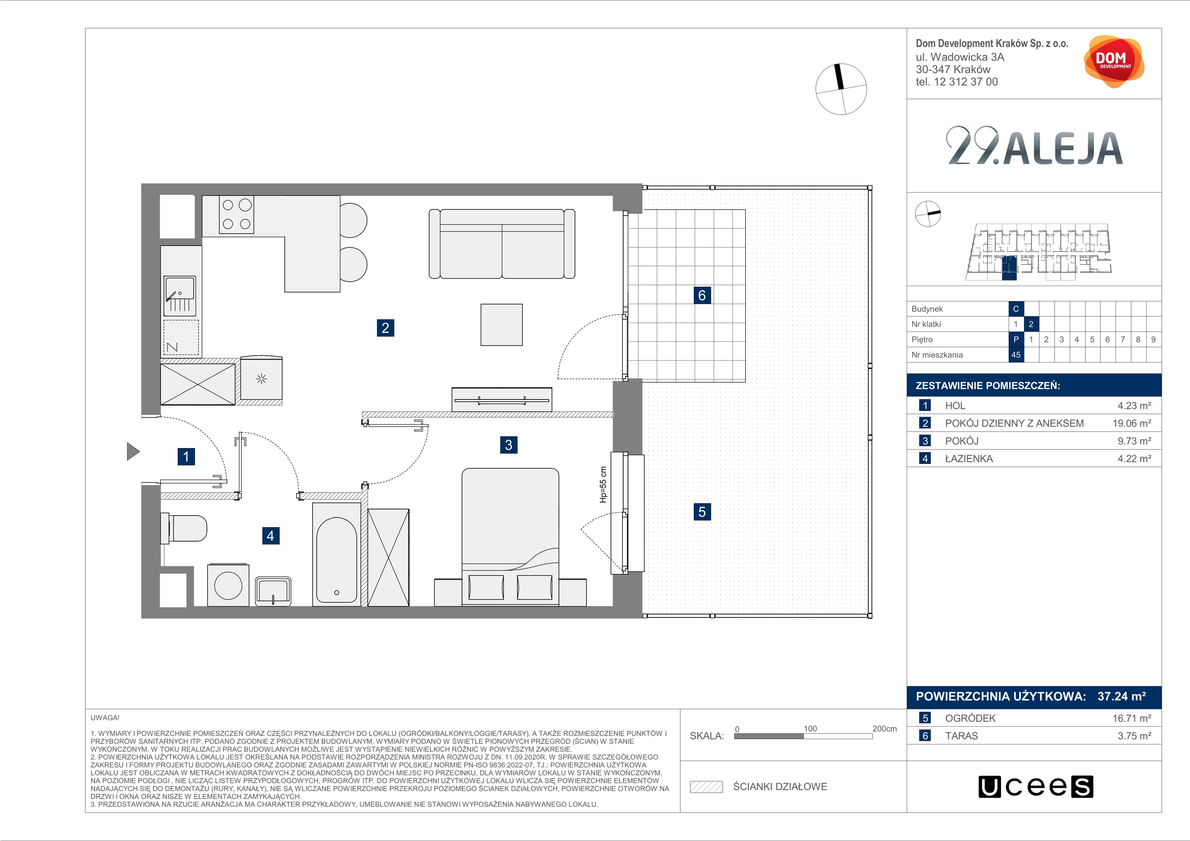 2 pokoje, mieszkanie 37,24 m², parter, oferta nr C/45, 29. Aleja bud. C, Kraków, Stare Miasto, Warszawskie, al. 29 Listopada