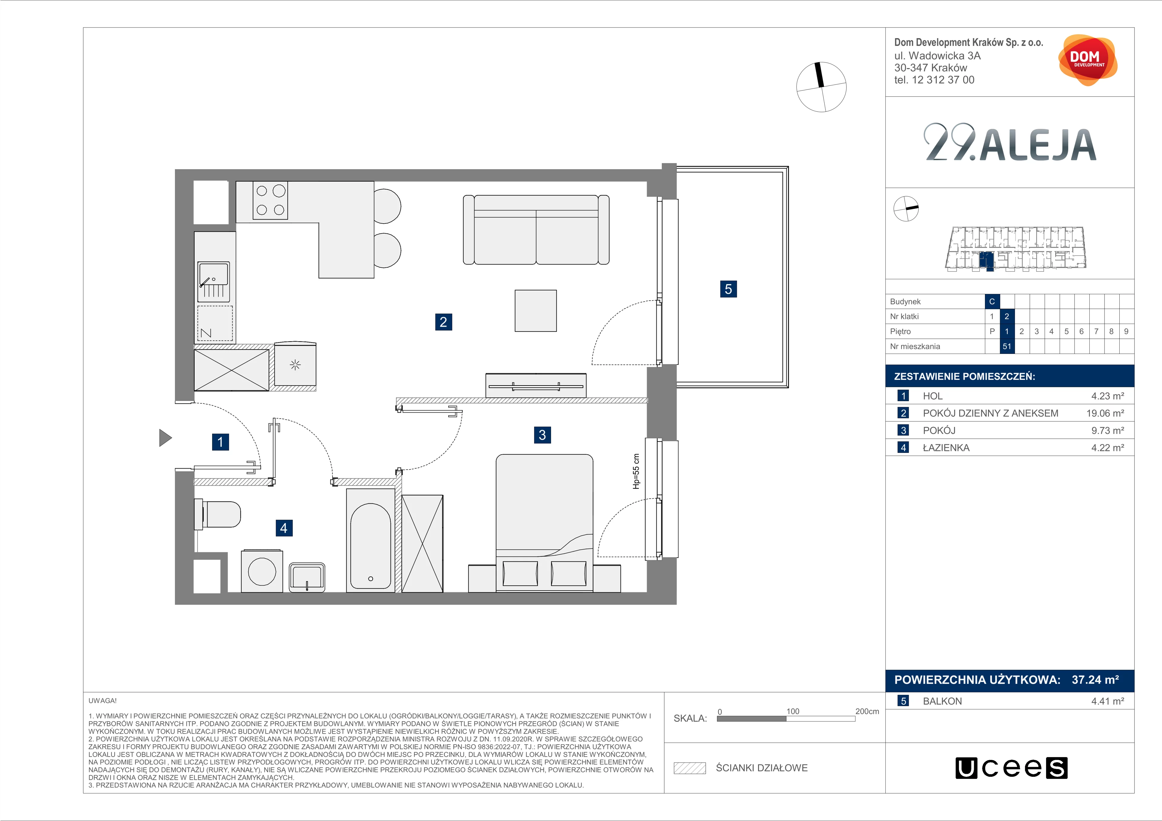 2 pokoje, mieszkanie 37,24 m², piętro 1, oferta nr C/51, 29. Aleja bud. C, Kraków, Stare Miasto, Warszawskie, al. 29 Listopada