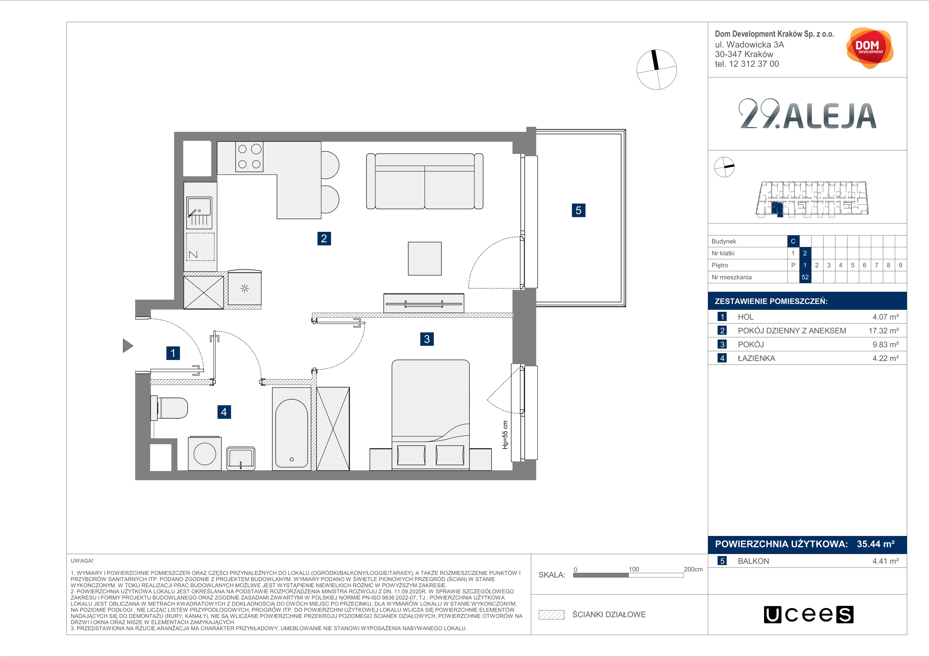 Mieszkanie 35,44 m², piętro 1, oferta nr C/52, 29. Aleja bud. C, Kraków, Stare Miasto, Warszawskie, al. 29 Listopada