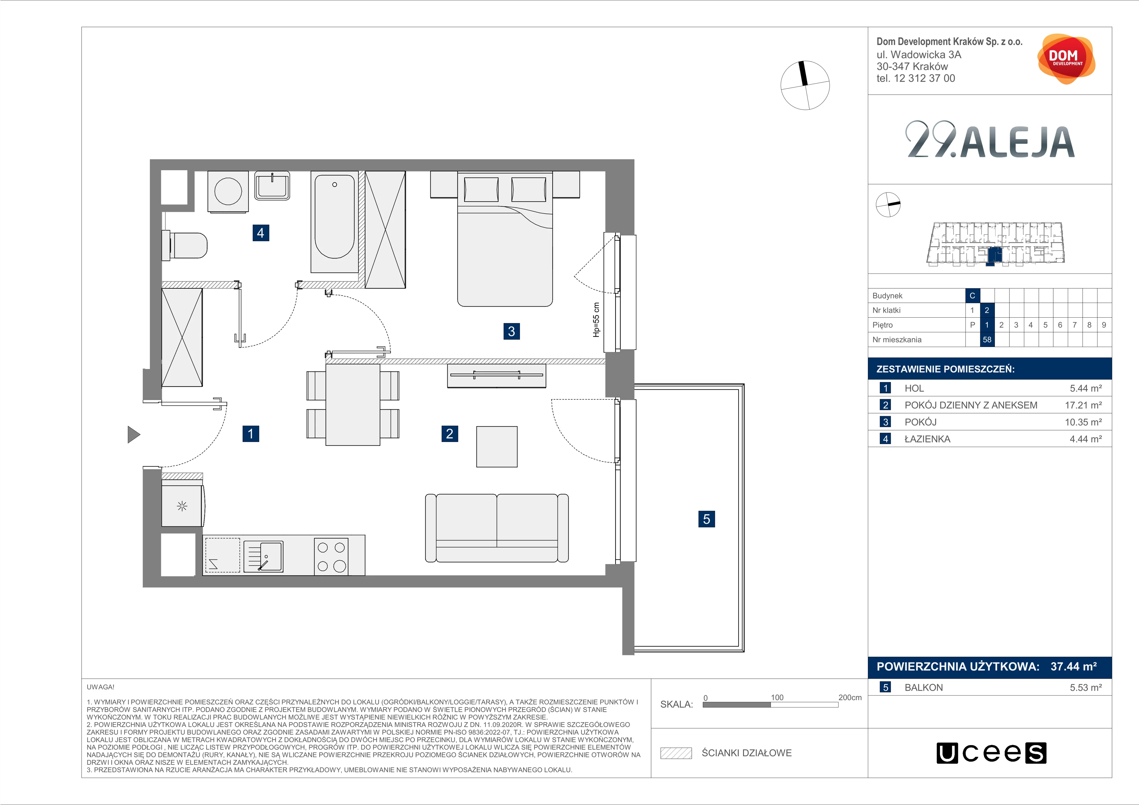 2 pokoje, mieszkanie 37,44 m², piętro 1, oferta nr C/58, 29. Aleja bud. C, Kraków, Stare Miasto, Warszawskie, al. 29 Listopada