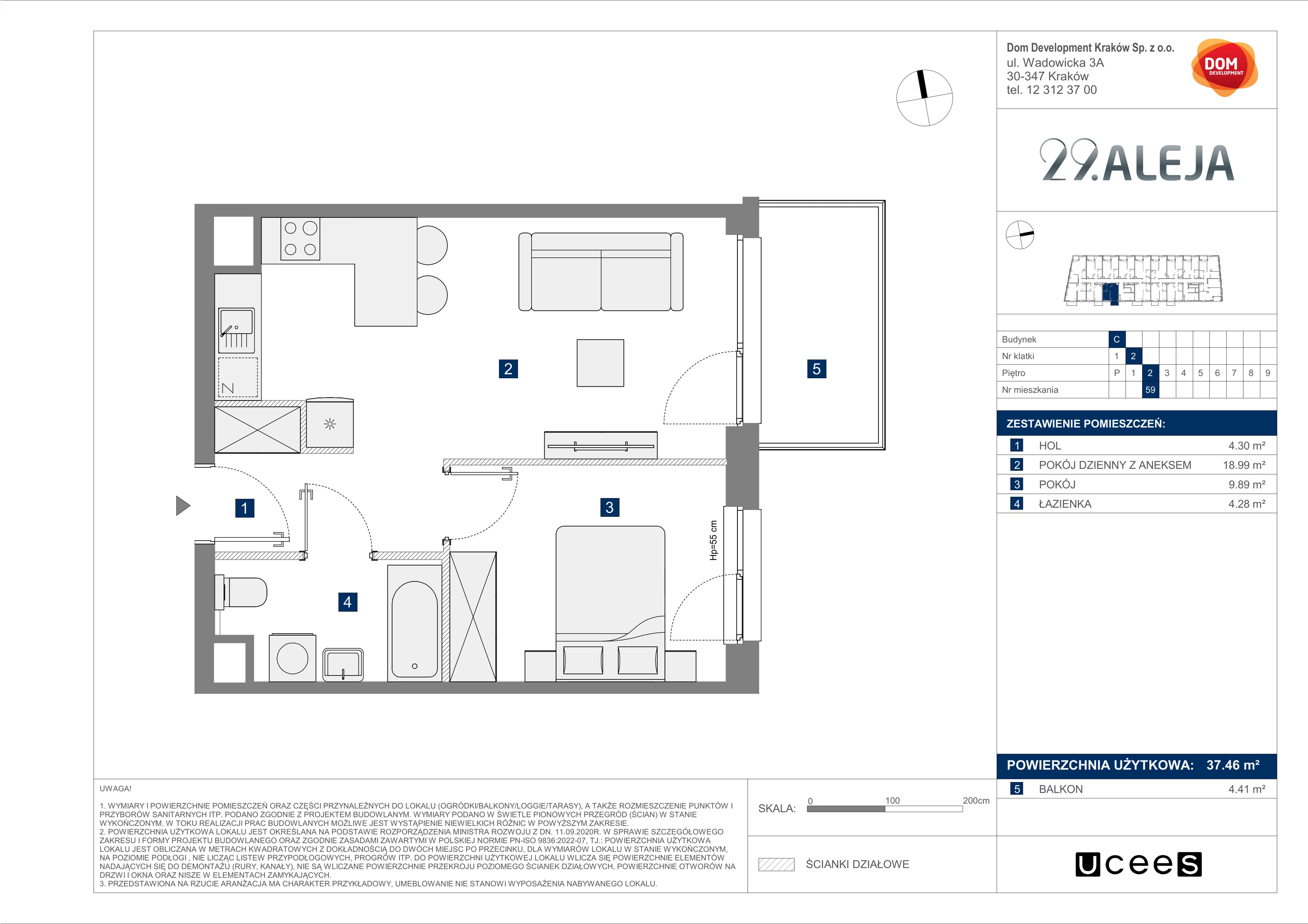 2 pokoje, mieszkanie 37,46 m², piętro 2, oferta nr C/59, 29. Aleja bud. C, Kraków, Stare Miasto, Warszawskie, al. 29 Listopada