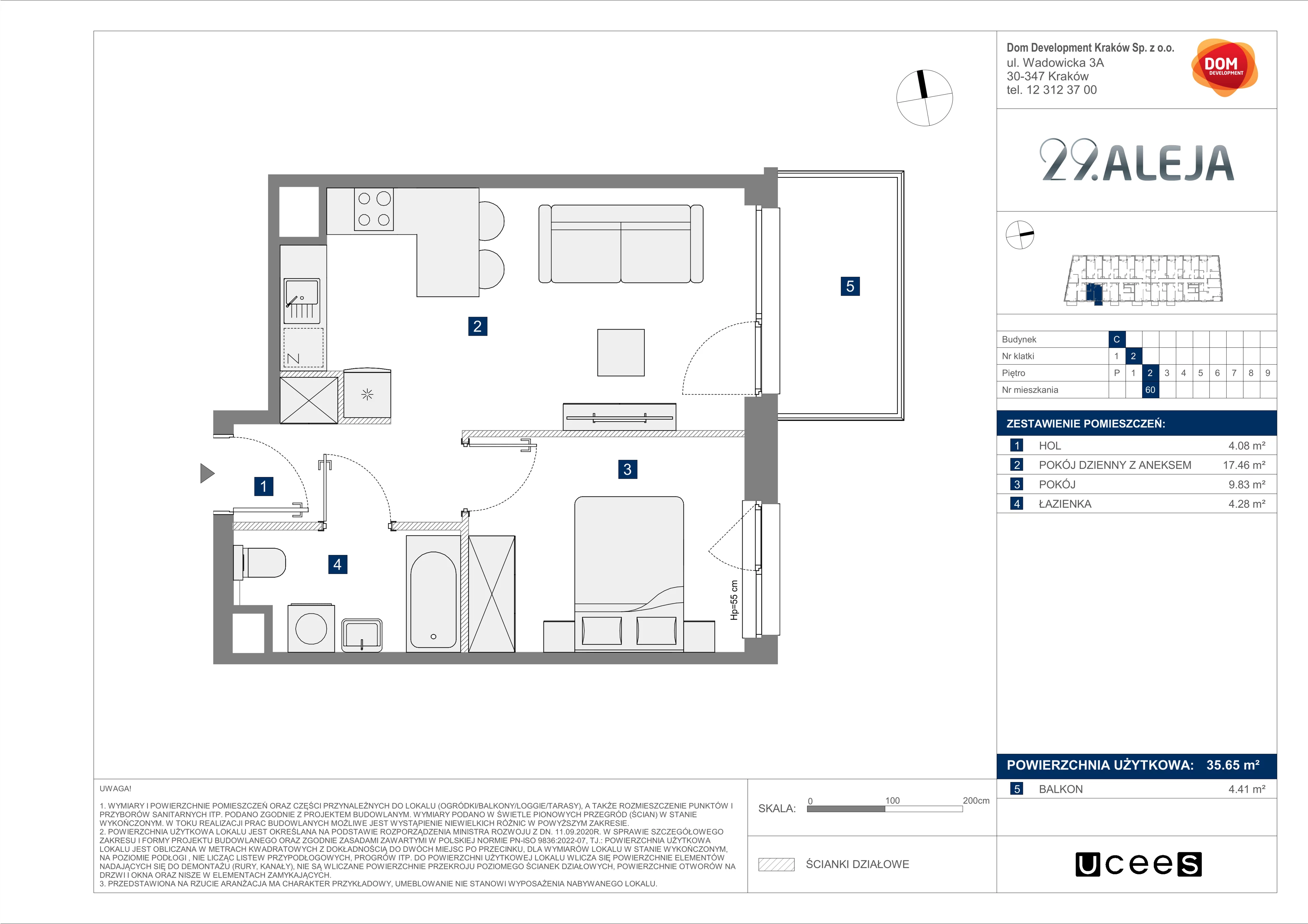 2 pokoje, mieszkanie 35,65 m², piętro 2, oferta nr C/60, 29. Aleja bud. C, Kraków, Stare Miasto, Warszawskie, al. 29 Listopada