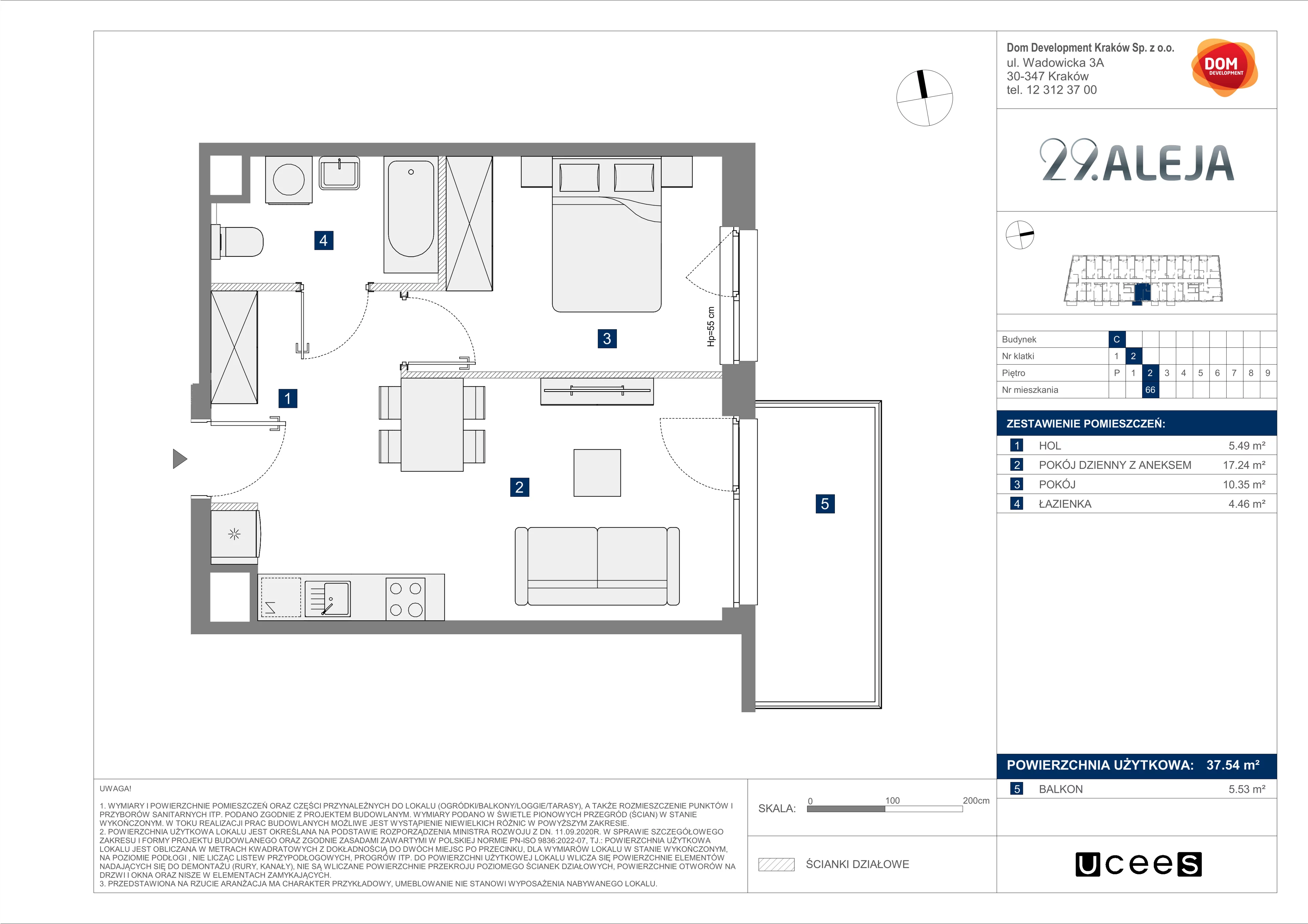 2 pokoje, mieszkanie 37,54 m², piętro 2, oferta nr C/66, 29. Aleja bud. C, Kraków, Stare Miasto, Warszawskie, al. 29 Listopada