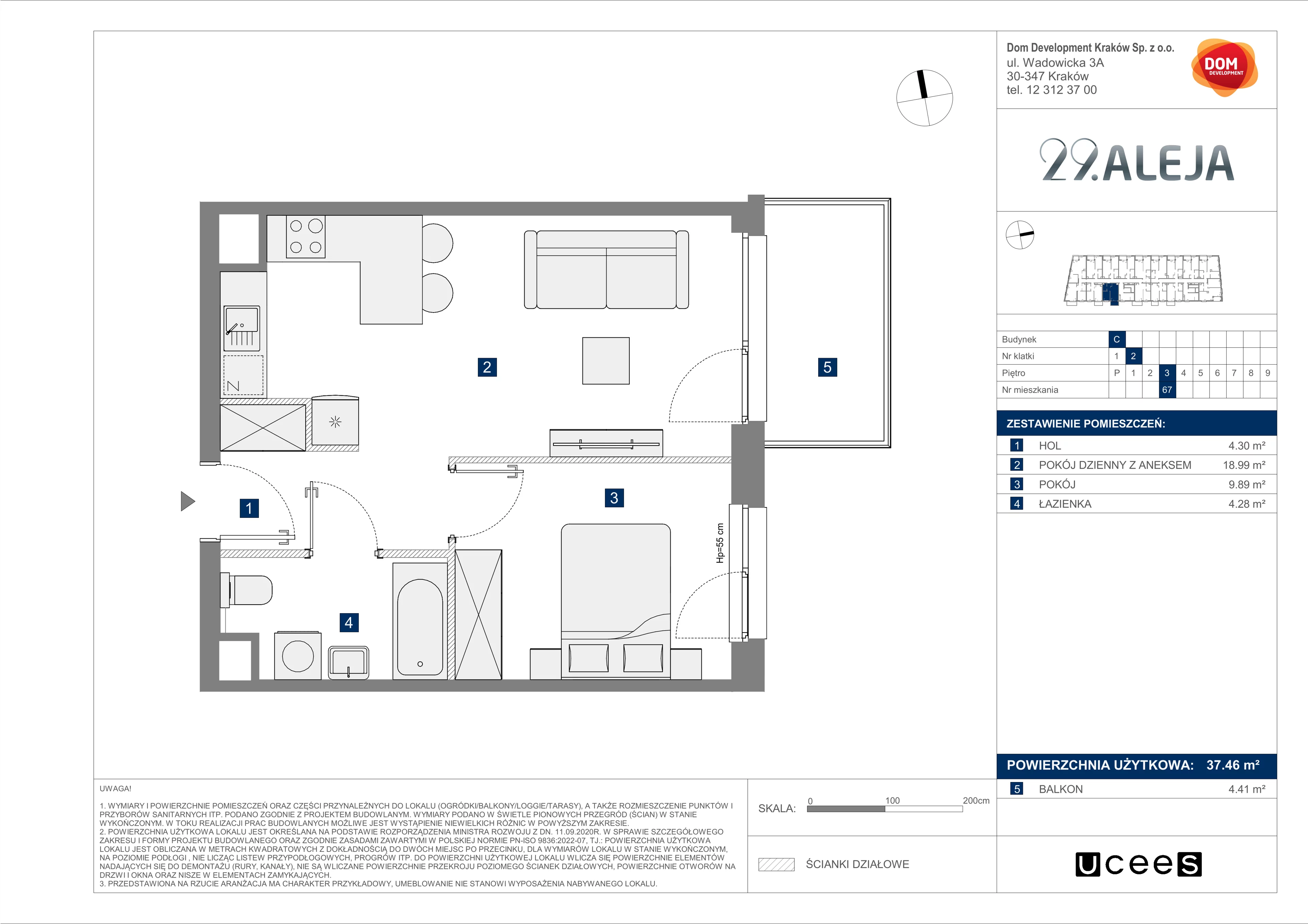 2 pokoje, mieszkanie 37,46 m², piętro 3, oferta nr C/67, 29. Aleja bud. C, Kraków, Stare Miasto, Warszawskie, al. 29 Listopada