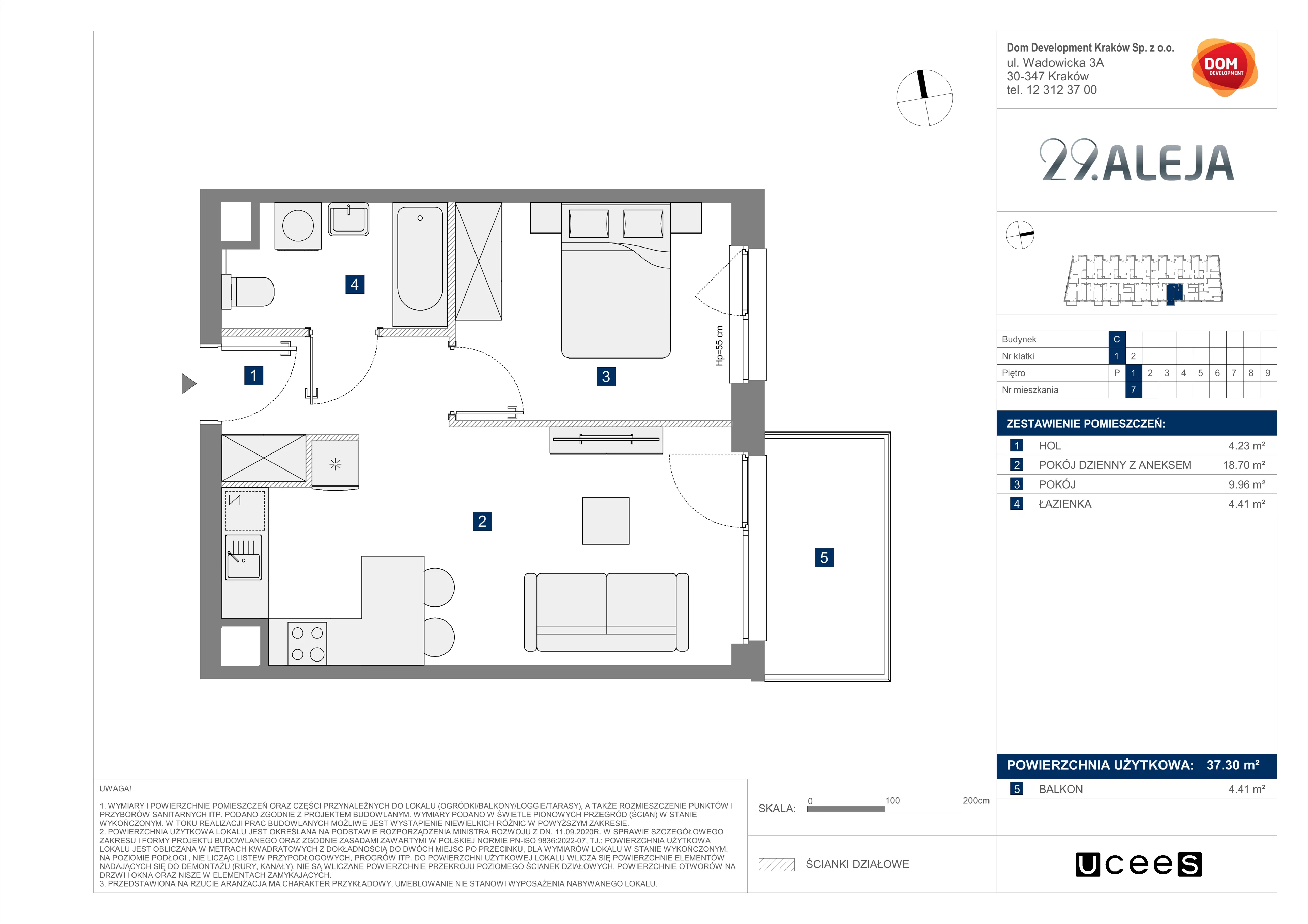 2 pokoje, mieszkanie 37,30 m², piętro 1, oferta nr C/7, 29. Aleja bud. C, Kraków, Stare Miasto, Warszawskie, al. 29 Listopada