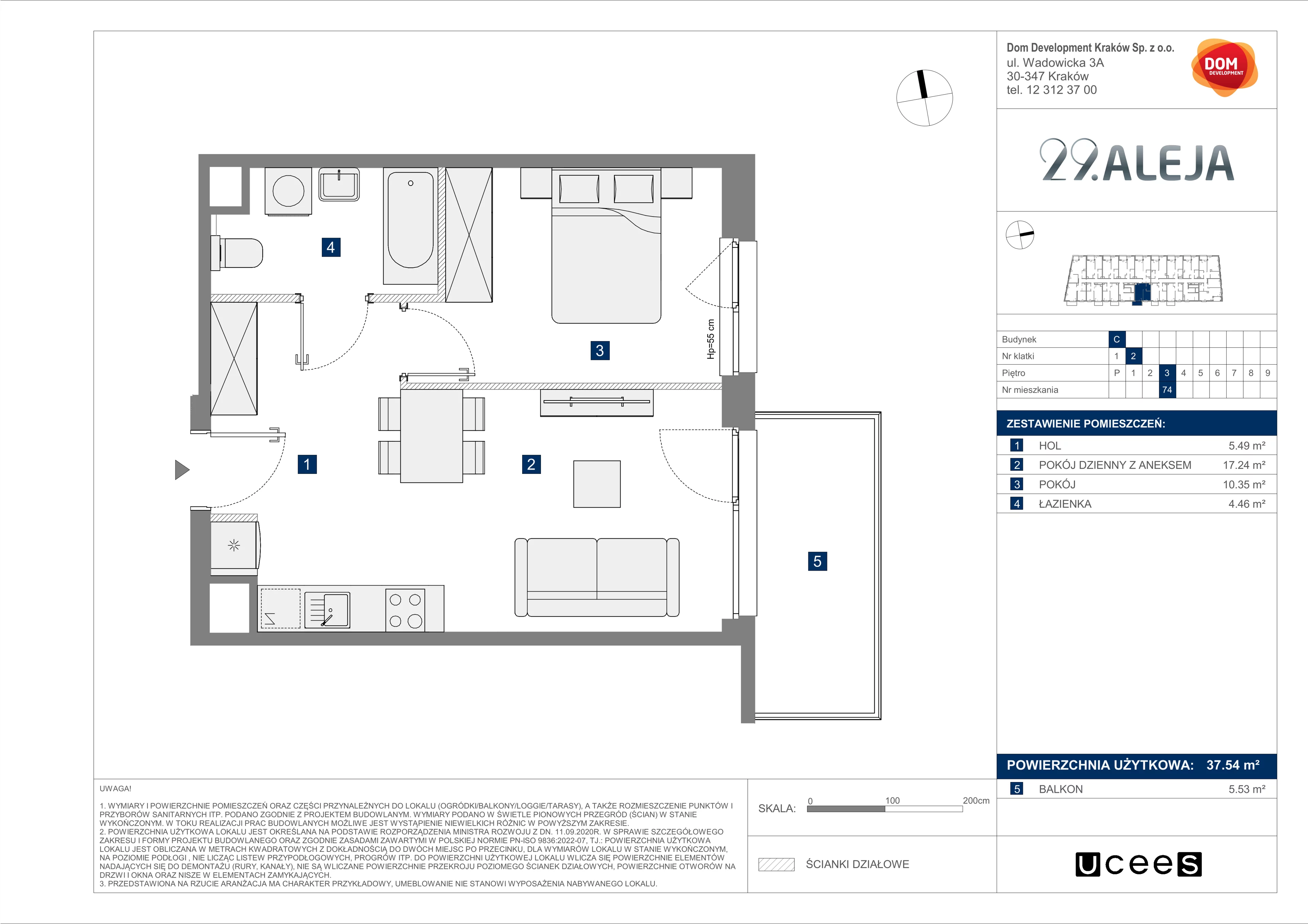 2 pokoje, mieszkanie 37,54 m², piętro 3, oferta nr C/74, 29. Aleja bud. C, Kraków, Stare Miasto, Warszawskie, al. 29 Listopada