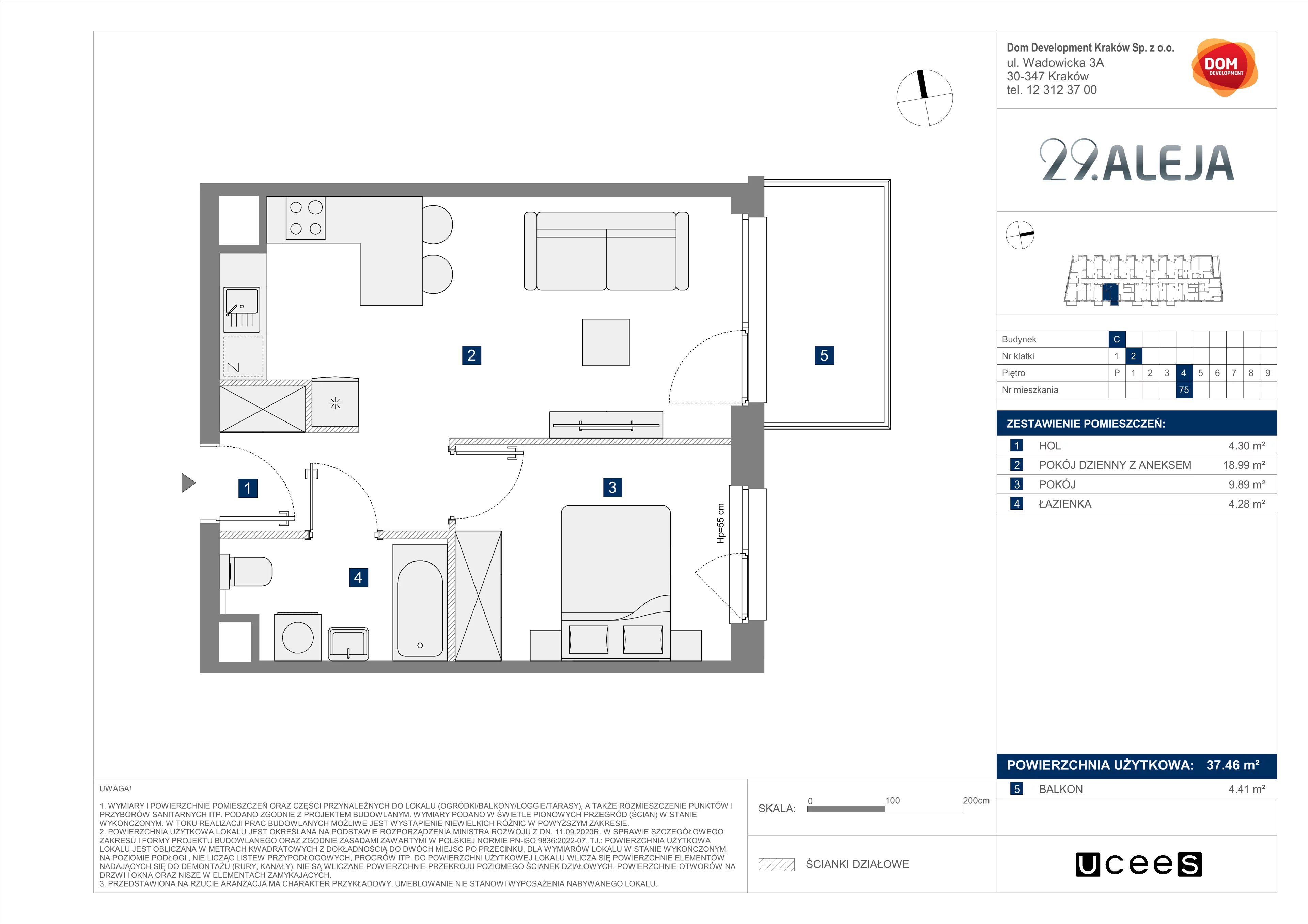 2 pokoje, mieszkanie 37,46 m², piętro 4, oferta nr C/75, 29. Aleja bud. C, Kraków, Stare Miasto, Warszawskie, al. 29 Listopada