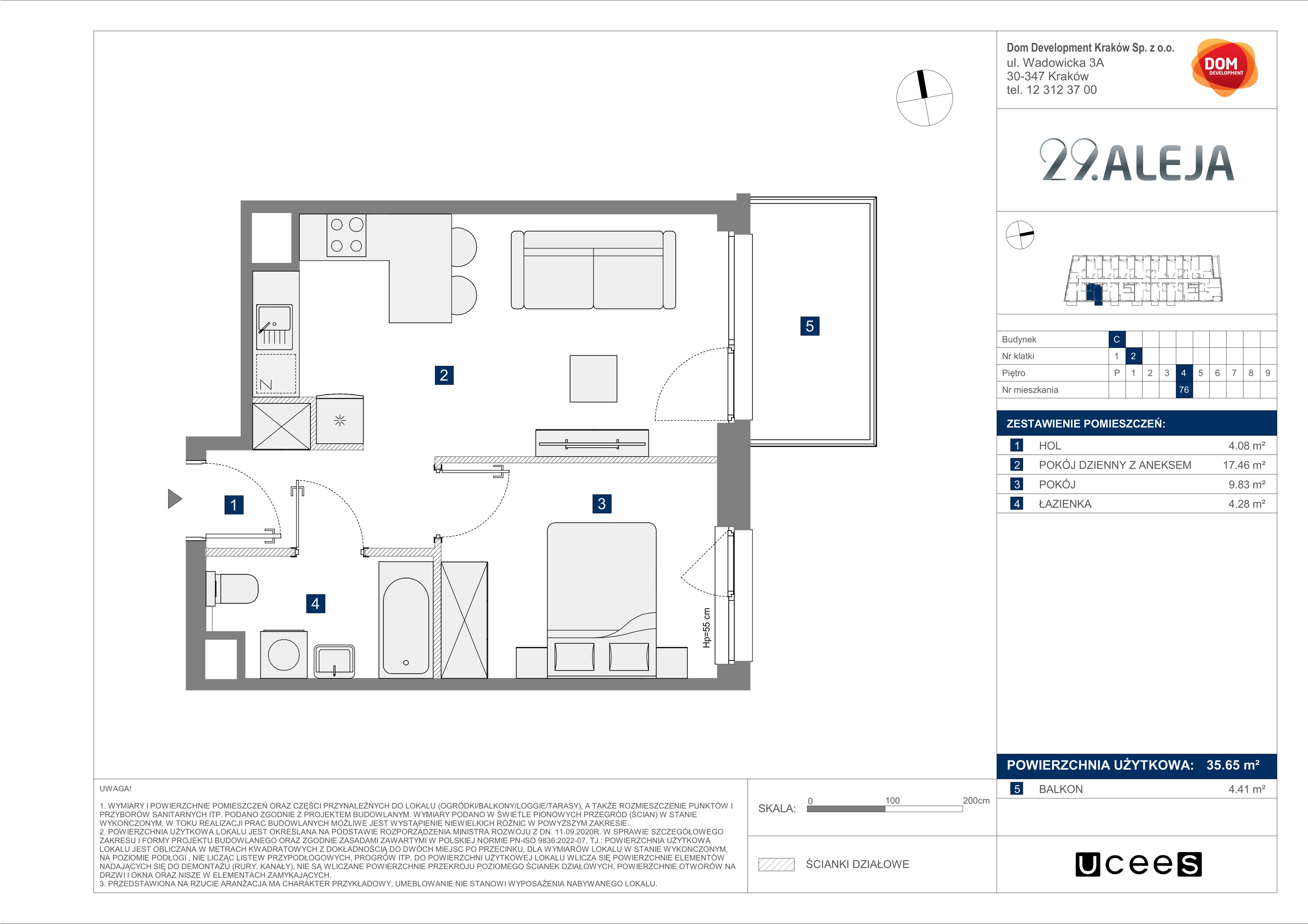 Mieszkanie 35,65 m², piętro 4, oferta nr C/76, 29. Aleja bud. C, Kraków, Stare Miasto, Warszawskie, al. 29 Listopada