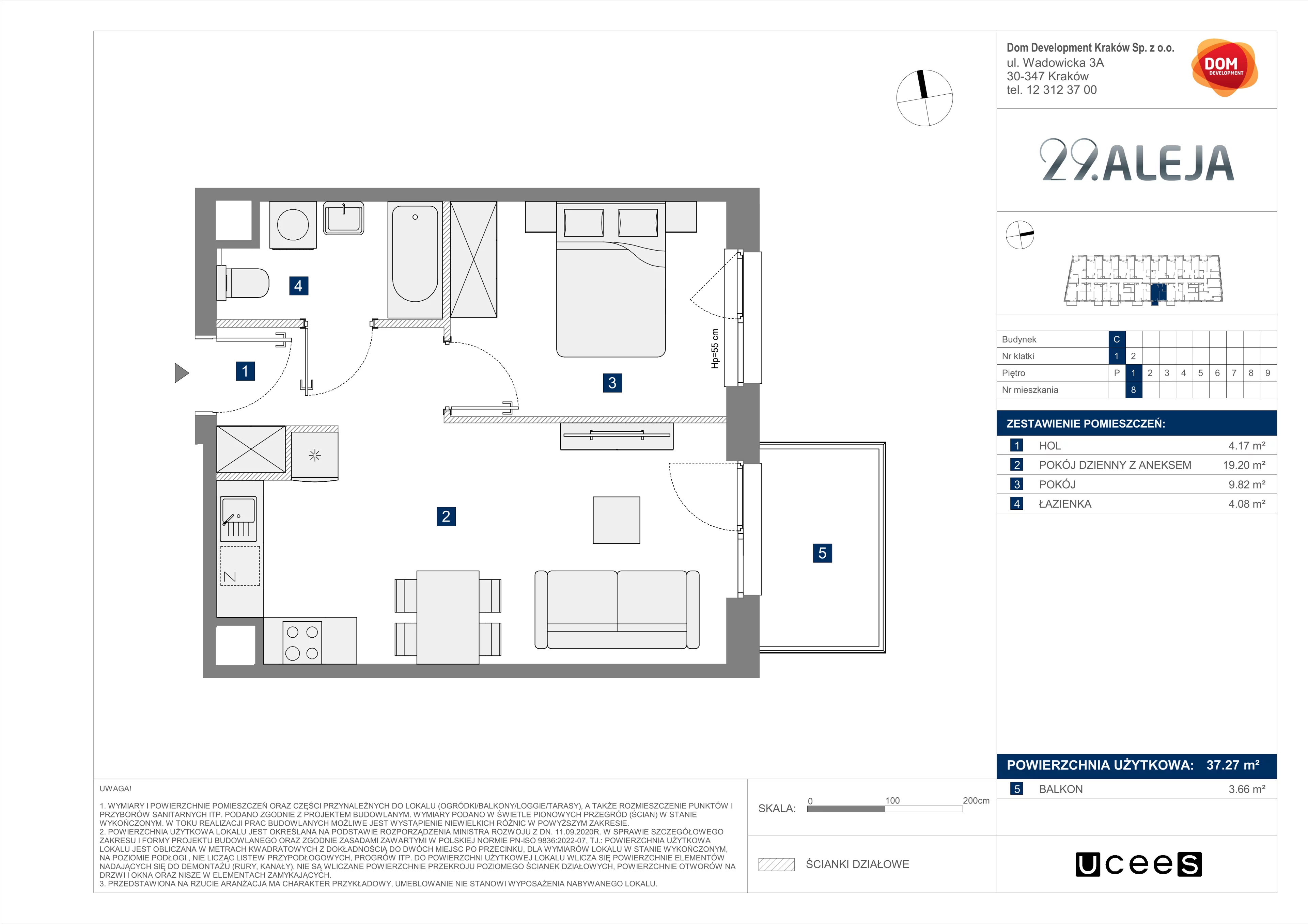 2 pokoje, mieszkanie 37,27 m², piętro 1, oferta nr C/8, 29. Aleja bud. C, Kraków, Stare Miasto, Warszawskie, al. 29 Listopada