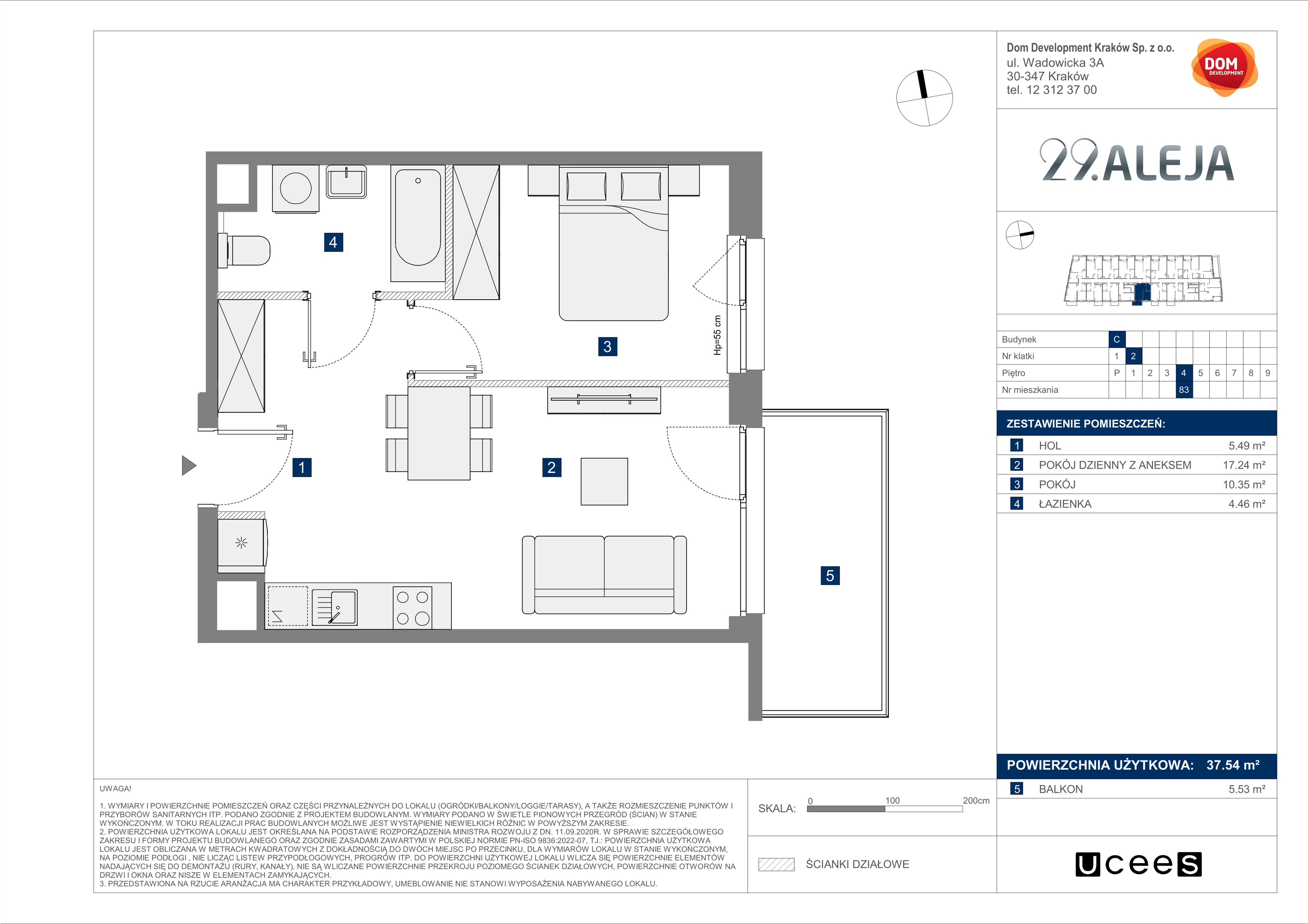 2 pokoje, mieszkanie 37,54 m², piętro 4, oferta nr C/83, 29. Aleja bud. C, Kraków, Stare Miasto, Warszawskie, al. 29 Listopada