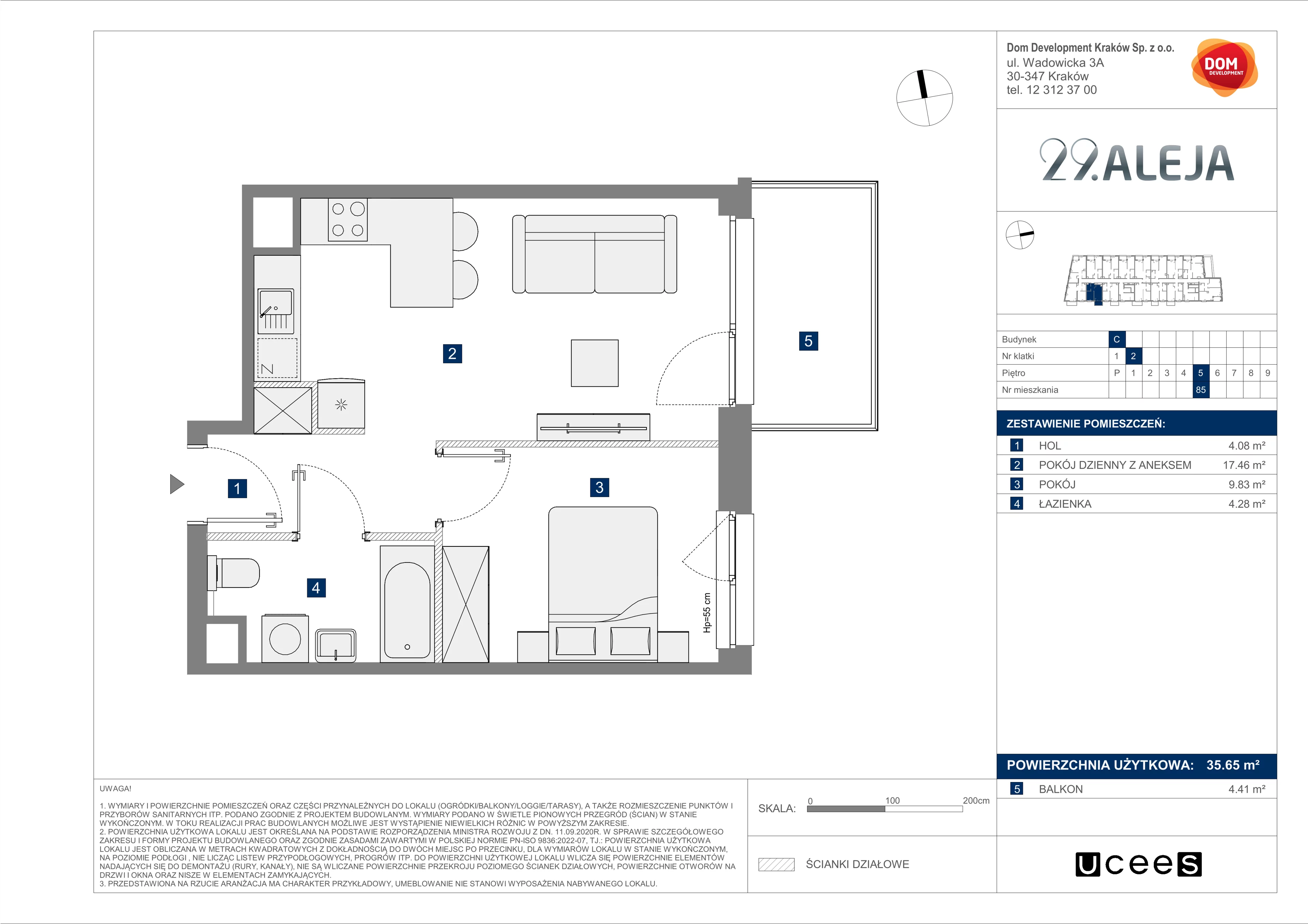 2 pokoje, mieszkanie 35,65 m², piętro 5, oferta nr C/85, 29. Aleja bud. C, Kraków, Stare Miasto, Warszawskie, al. 29 Listopada