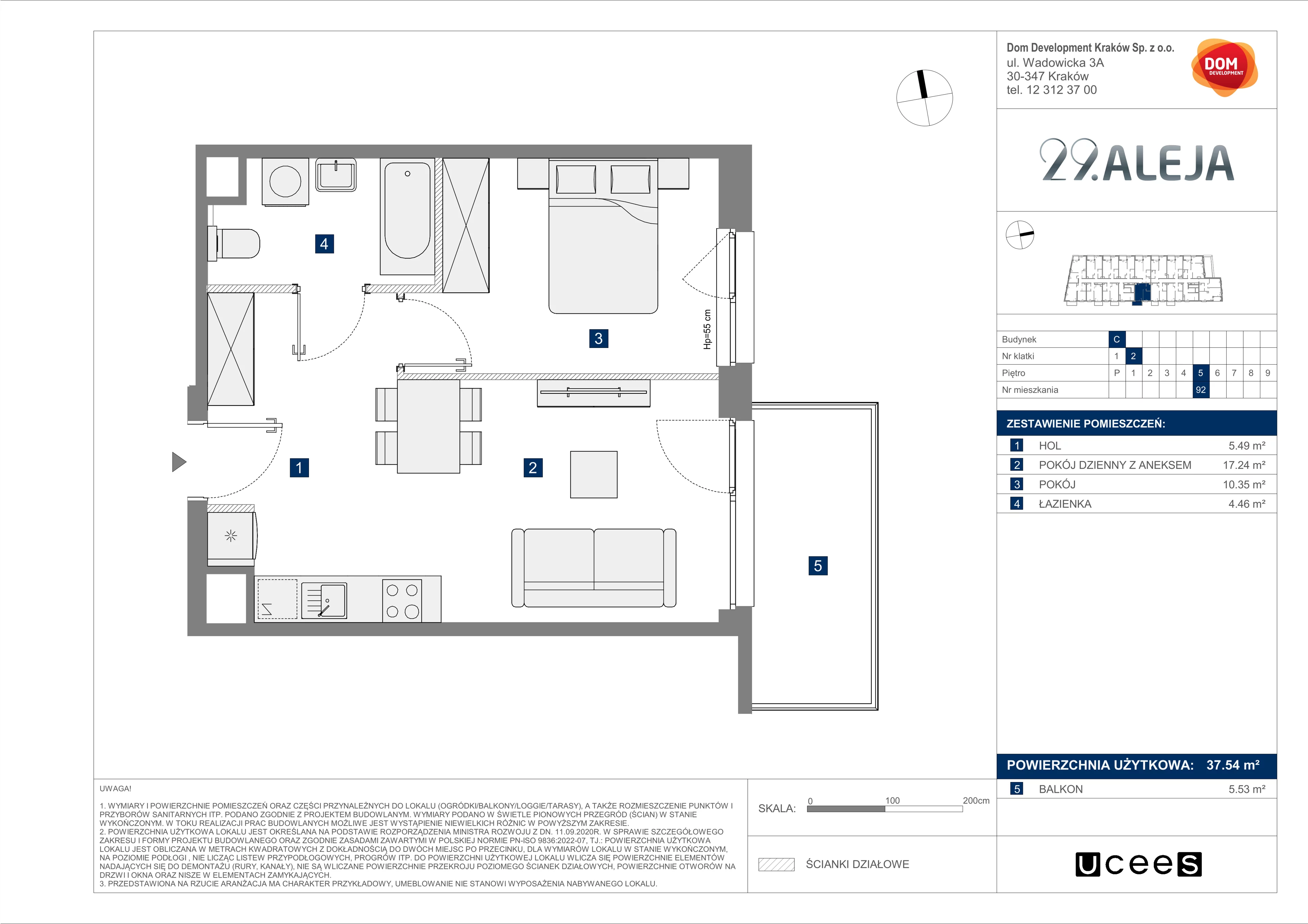 2 pokoje, mieszkanie 37,54 m², piętro 5, oferta nr C/92, 29. Aleja bud. C, Kraków, Stare Miasto, Warszawskie, al. 29 Listopada