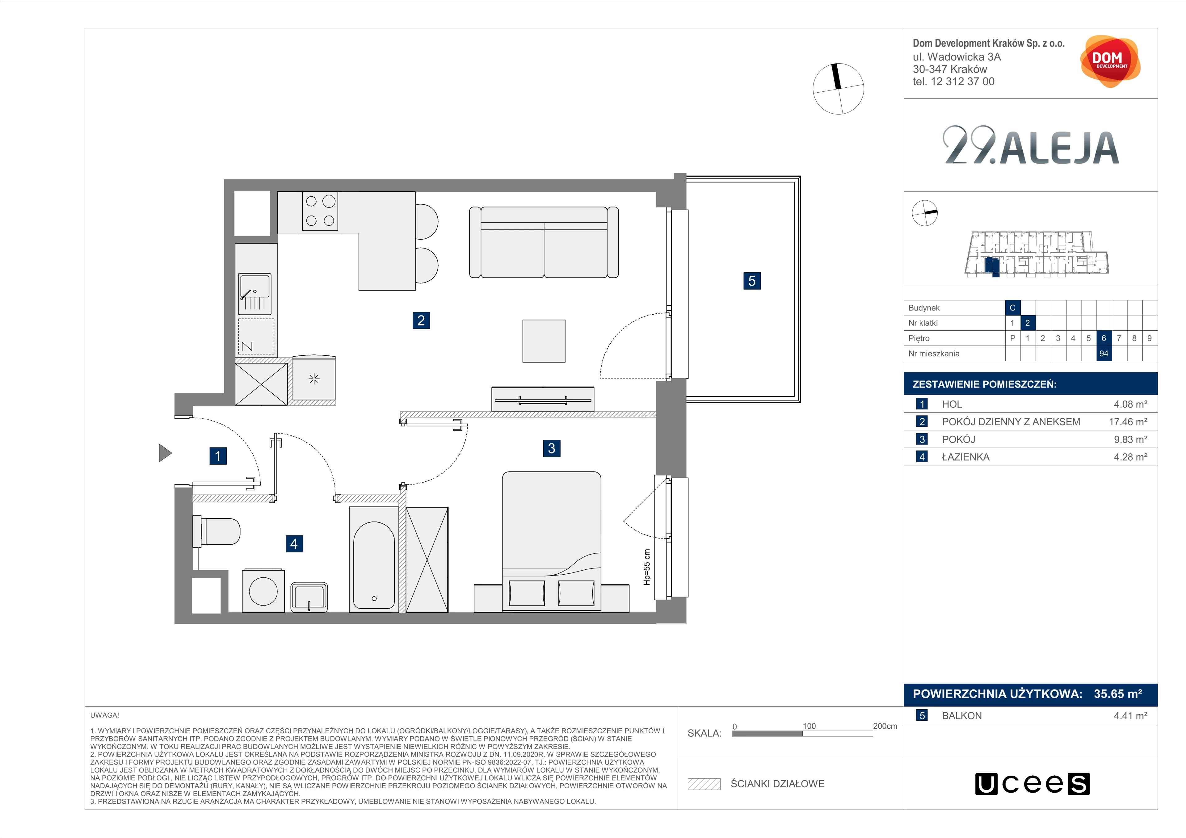 Mieszkanie 35,65 m², piętro 6, oferta nr C/94, 29. Aleja bud. C, Kraków, Stare Miasto, Warszawskie, al. 29 Listopada