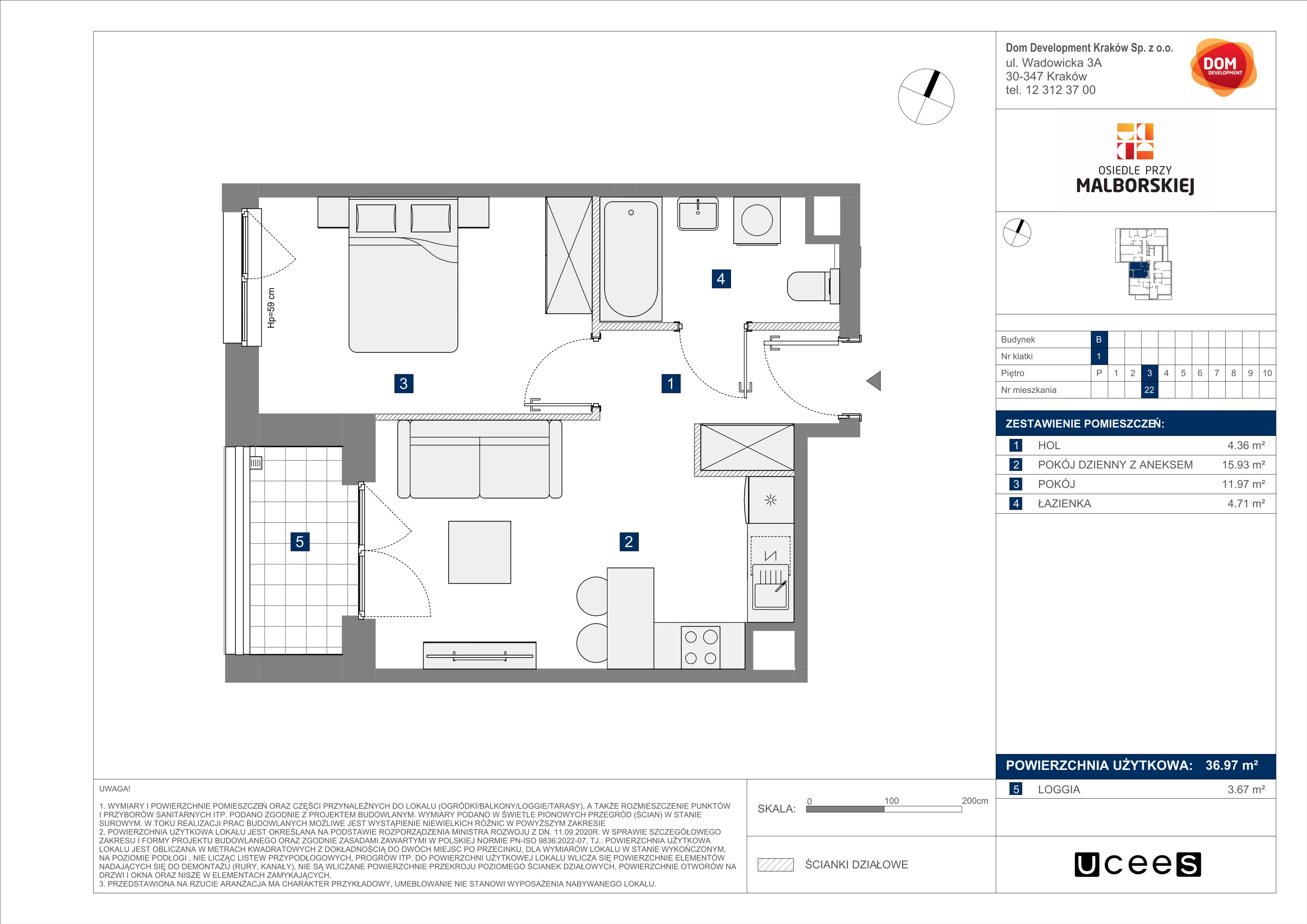 Mieszkanie 36,97 m², piętro 3, oferta nr B/22, Osiedle przy Malborskiej budynek B, Kraków, Podgórze Duchackie, Wola Duchacka, ul. Białoruska