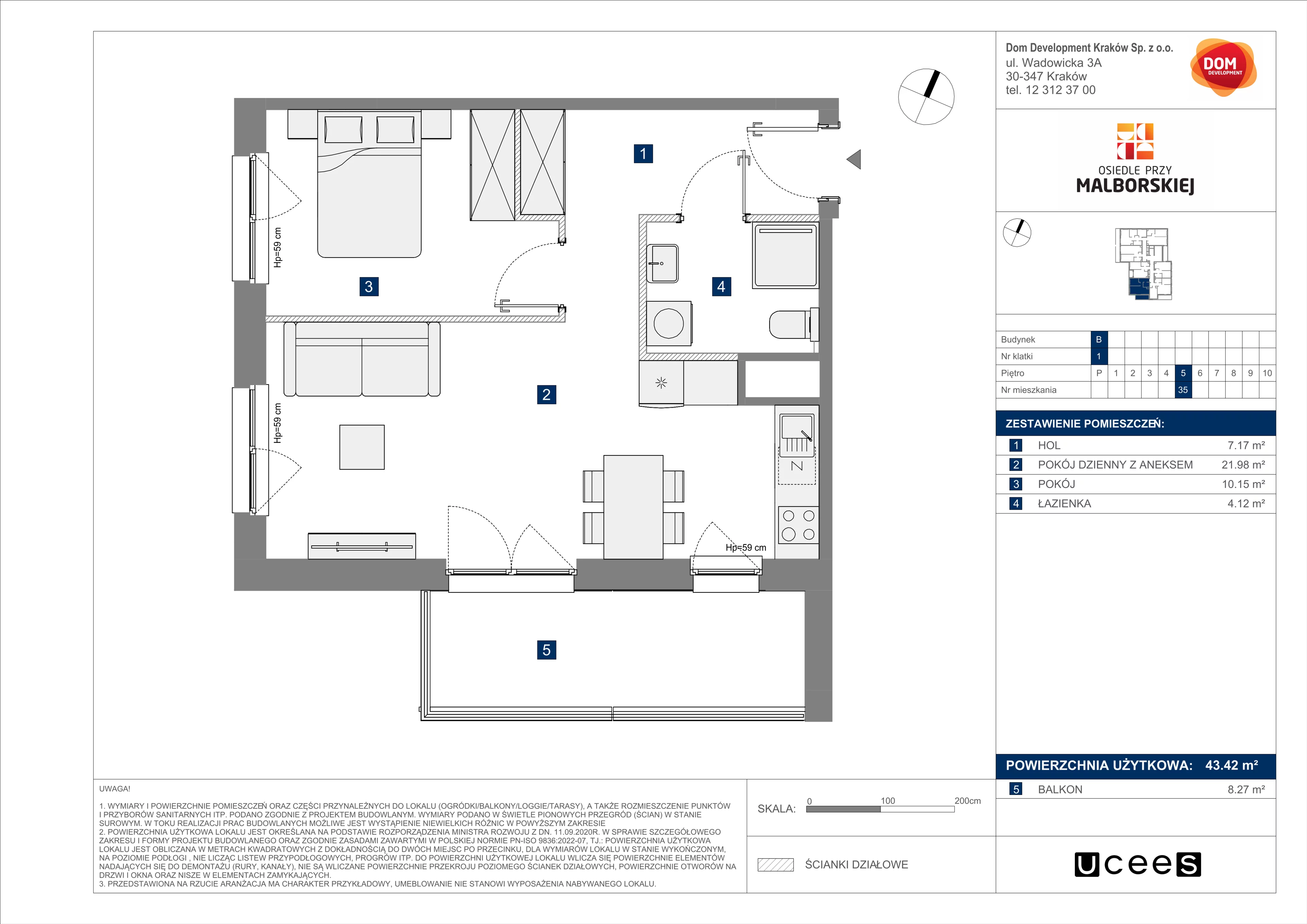 Mieszkanie 43,42 m², piętro 5, oferta nr B/35, Osiedle przy Malborskiej budynek B, Kraków, Podgórze Duchackie, Wola Duchacka, ul. Białoruska