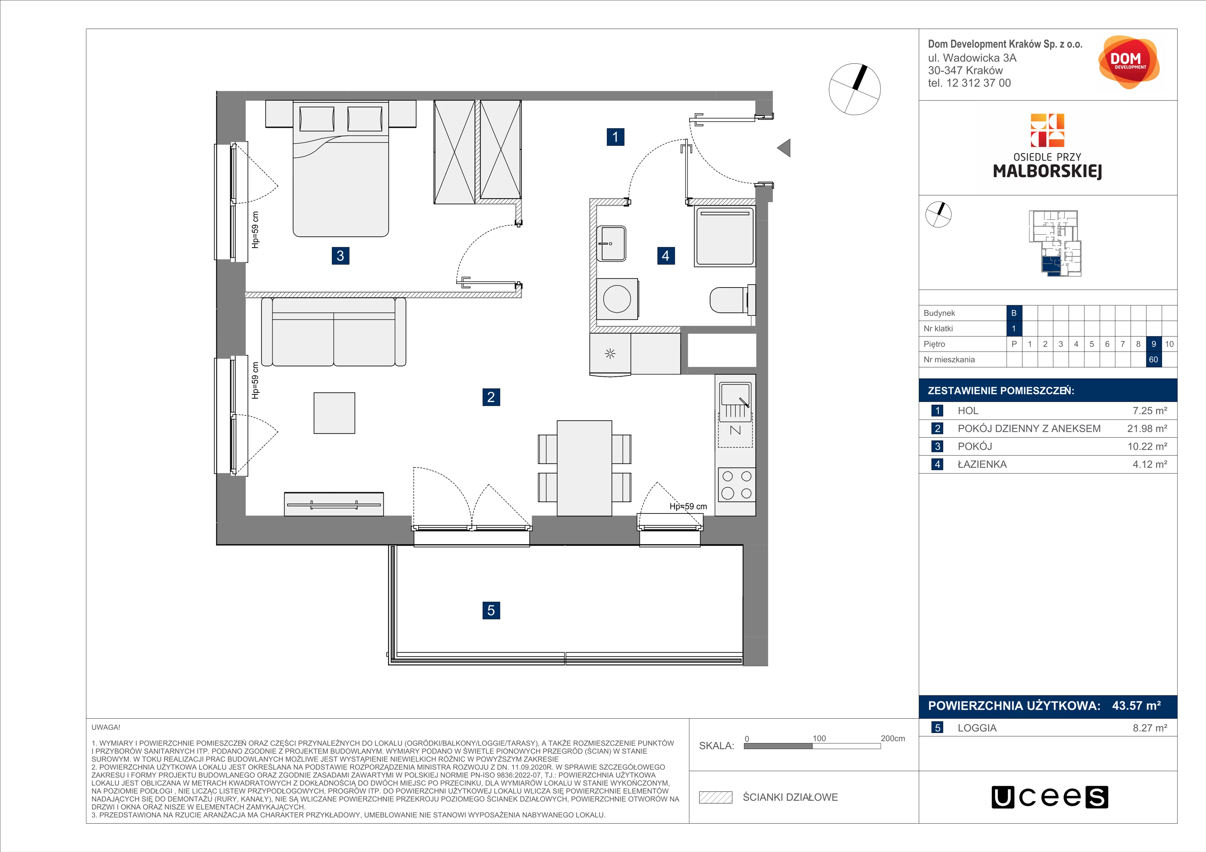 Mieszkanie 43,57 m², piętro 9, oferta nr B/60, Osiedle przy Malborskiej budynek B, Kraków, Podgórze Duchackie, Wola Duchacka, ul. Białoruska