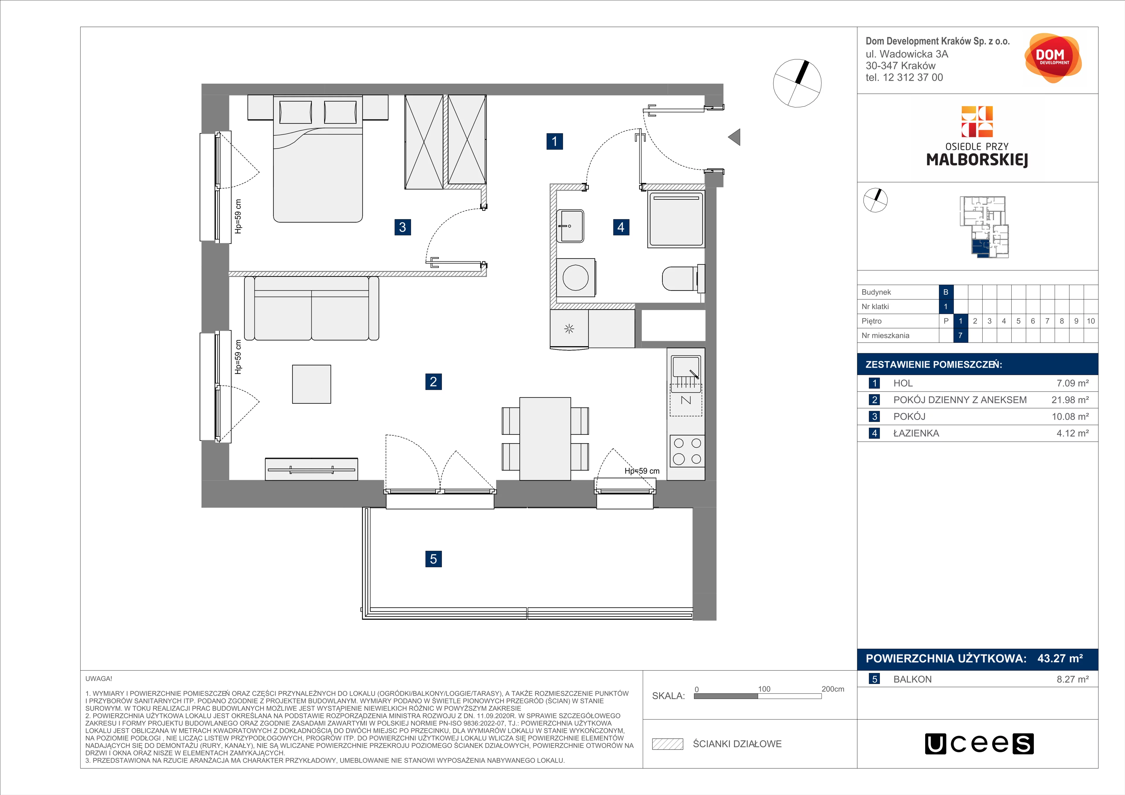 Mieszkanie 43,27 m², piętro 1, oferta nr B/7, Osiedle przy Malborskiej budynek B, Kraków, Podgórze Duchackie, Wola Duchacka, ul. Białoruska