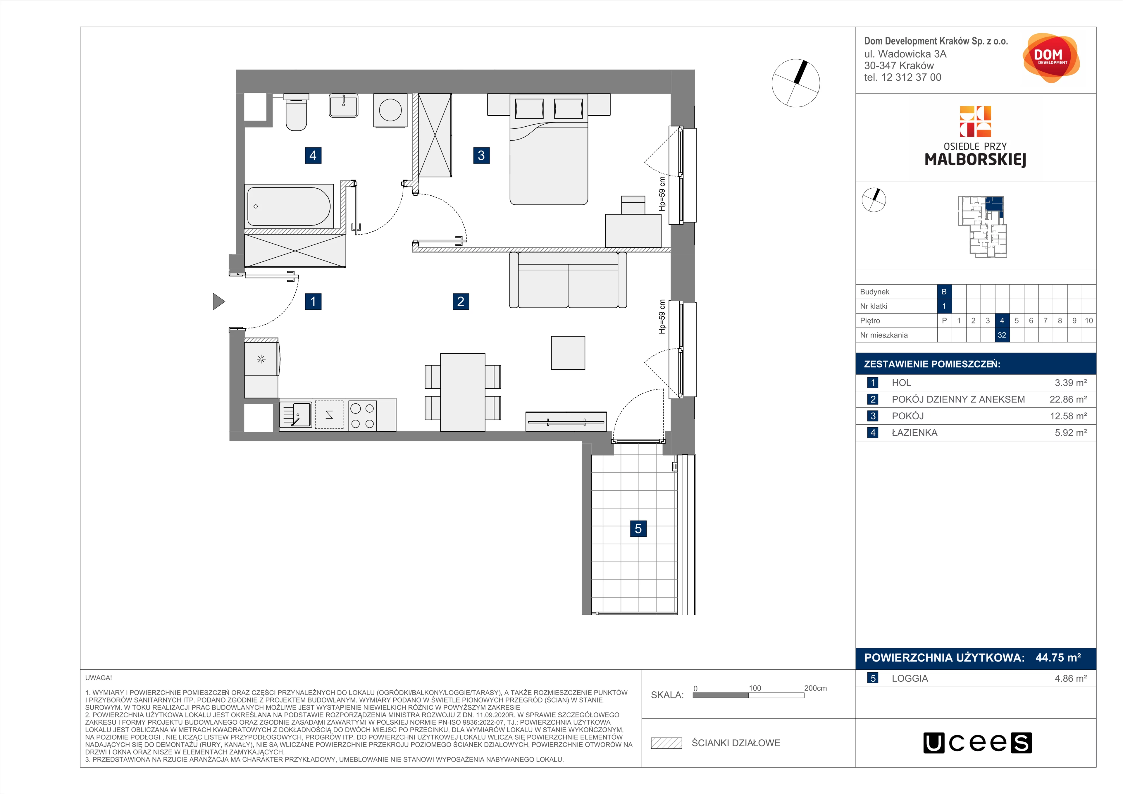 Mieszkanie 44,75 m², piętro 4, oferta nr B/32, Osiedle przy Malborskiej budynek B, Kraków, Podgórze Duchackie, Wola Duchacka, ul. Białoruska