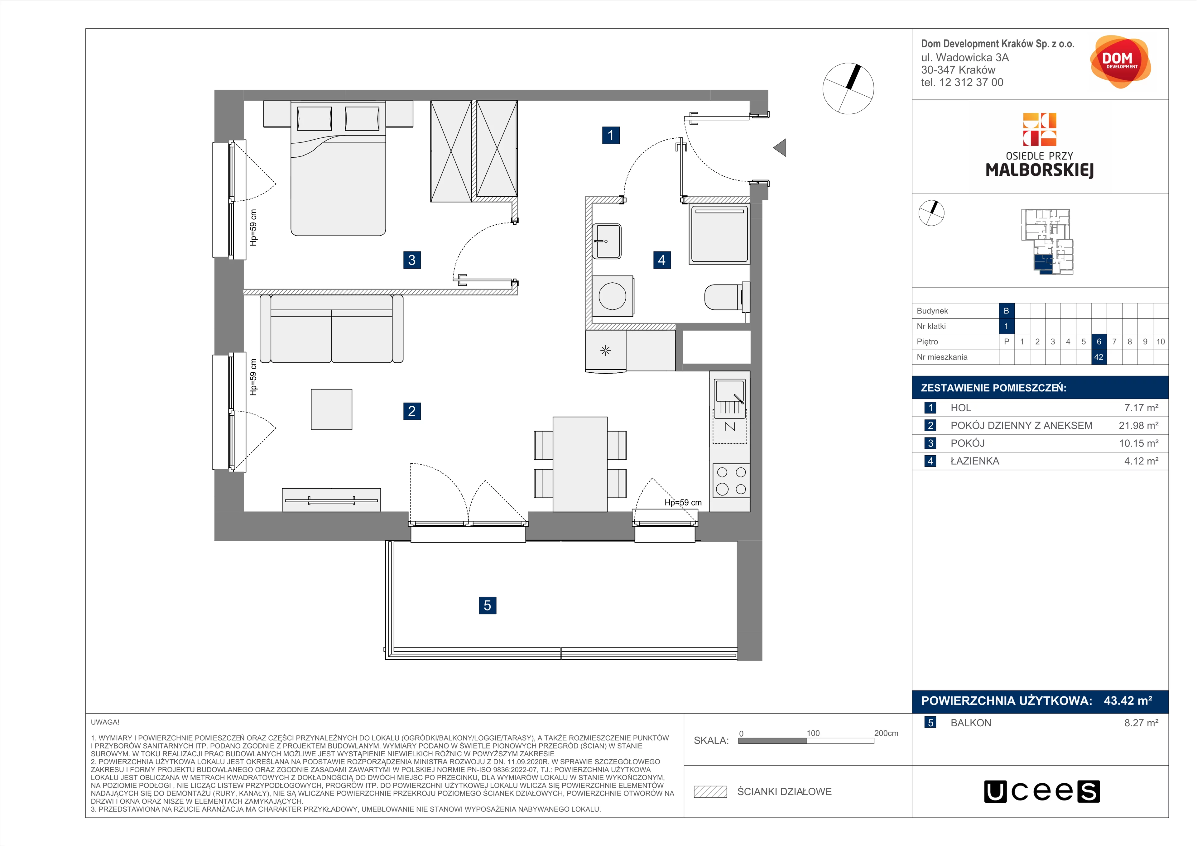 Mieszkanie 43,42 m², piętro 6, oferta nr B/42, Osiedle przy Malborskiej budynek B, Kraków, Podgórze Duchackie, Wola Duchacka, ul. Białoruska