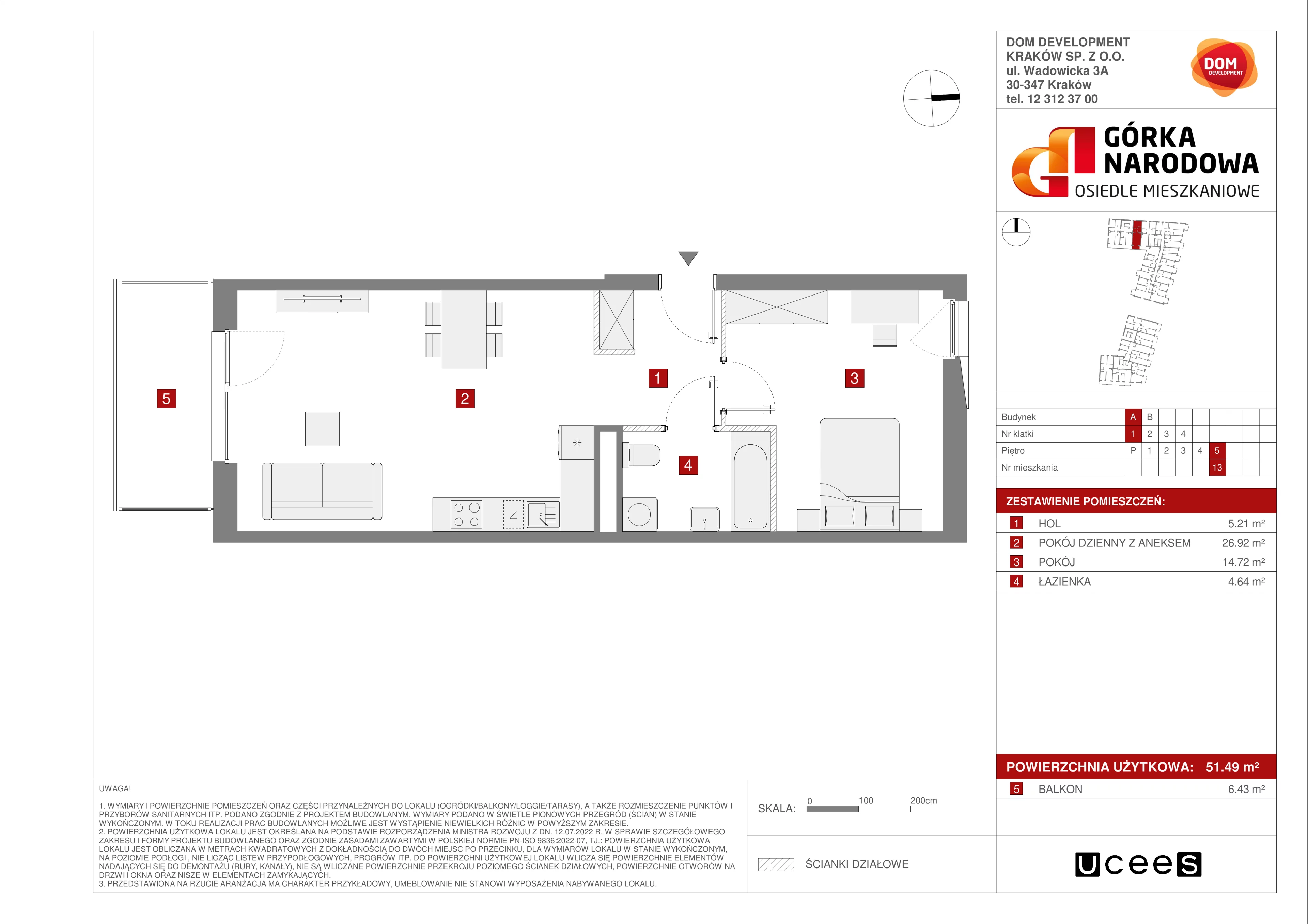 Mieszkanie 51,49 m², piętro 5, oferta nr A/13, Osiedle Górka Narodowa etap 5, Kraków, Prądnik Biały, Górka Narodowa, ul. Papierni Prądnickich