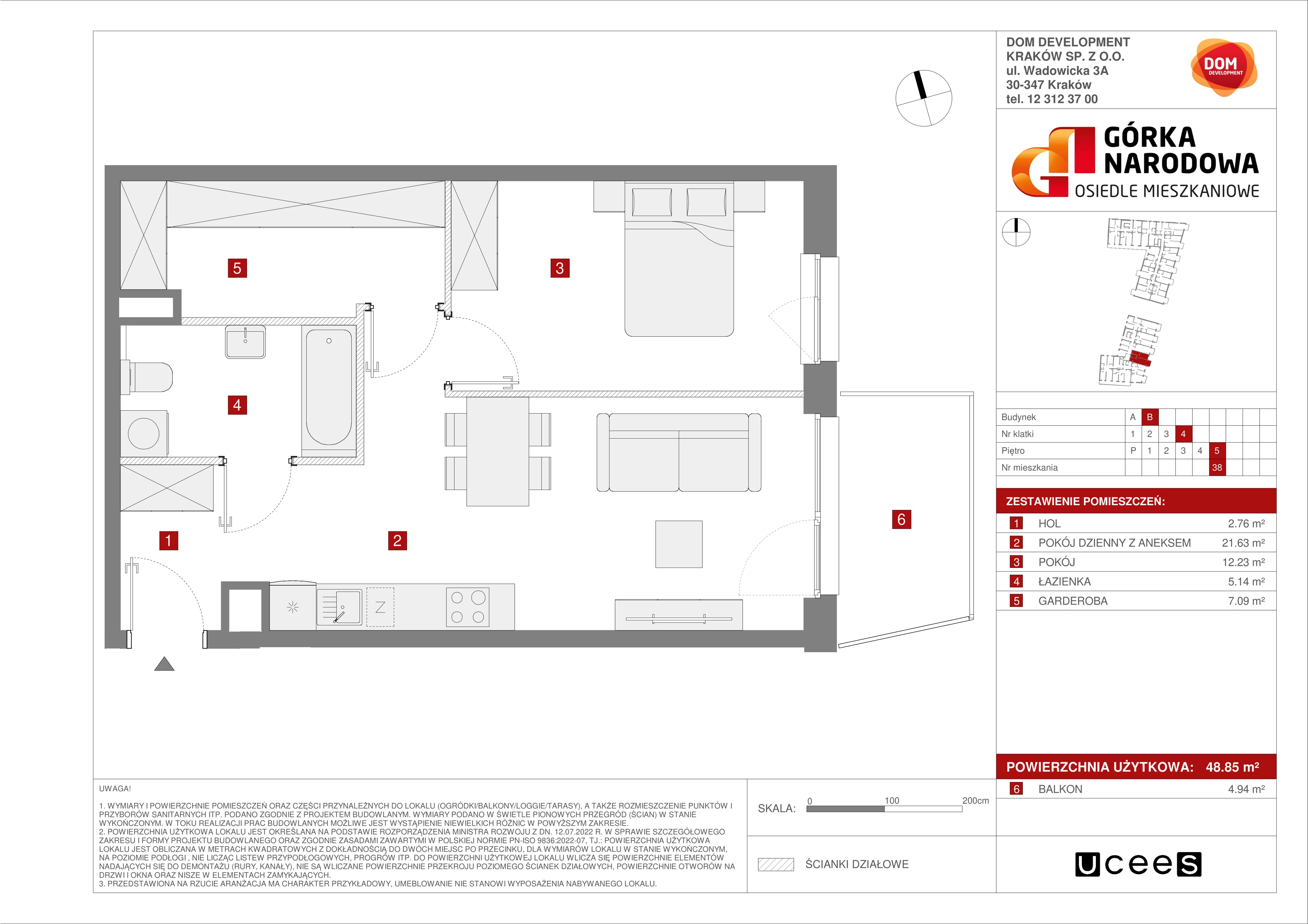 Mieszkanie 48,85 m², piętro 5, oferta nr B/38, Osiedle Górka Narodowa etap 5, Kraków, Prądnik Biały, Górka Narodowa, ul. Papierni Prądnickich