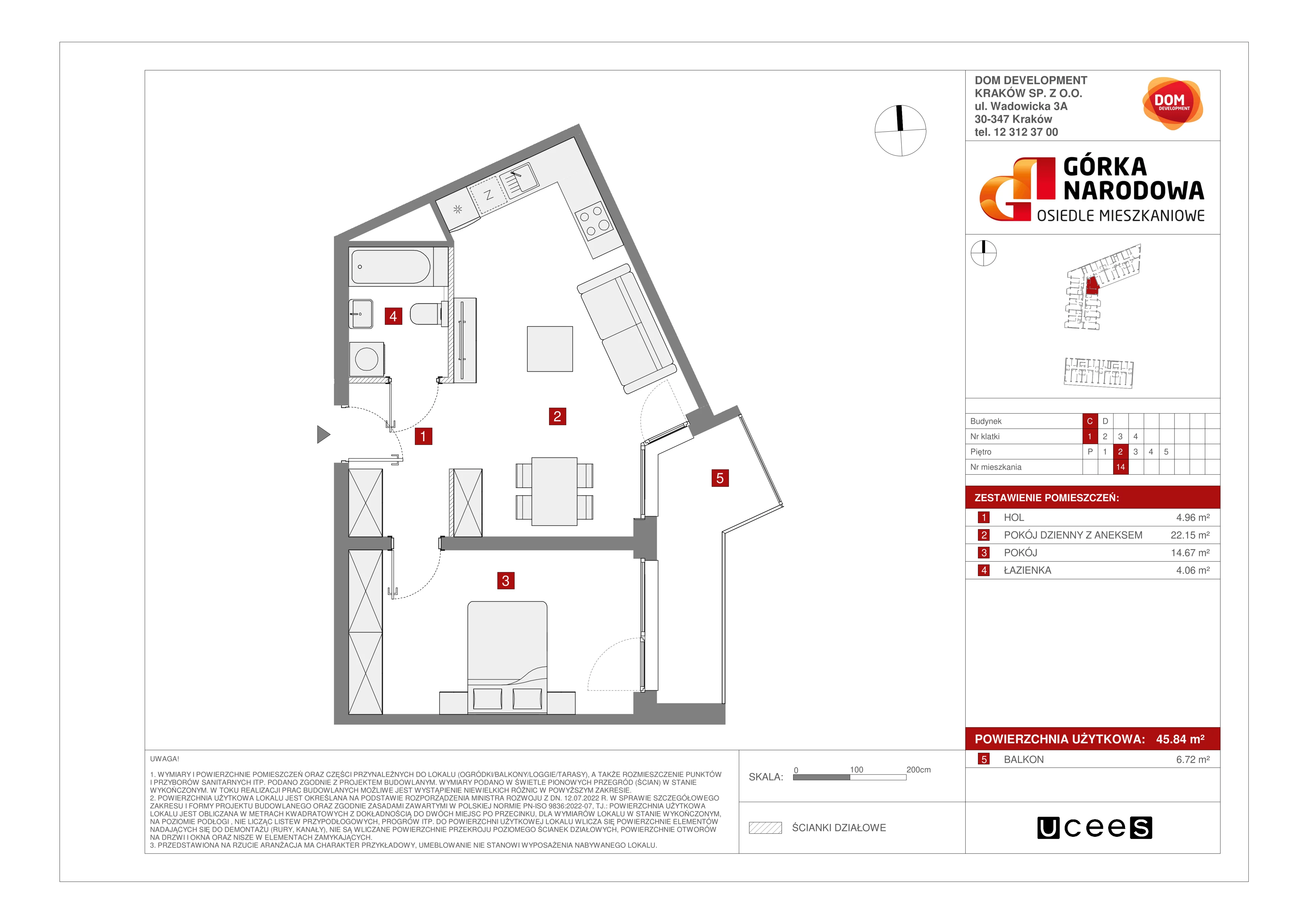 Mieszkanie 45,84 m², piętro 2, oferta nr C/14, Osiedle Górka Narodowa etap 5, Kraków, Prądnik Biały, Górka Narodowa, ul. Papierni Prądnickich