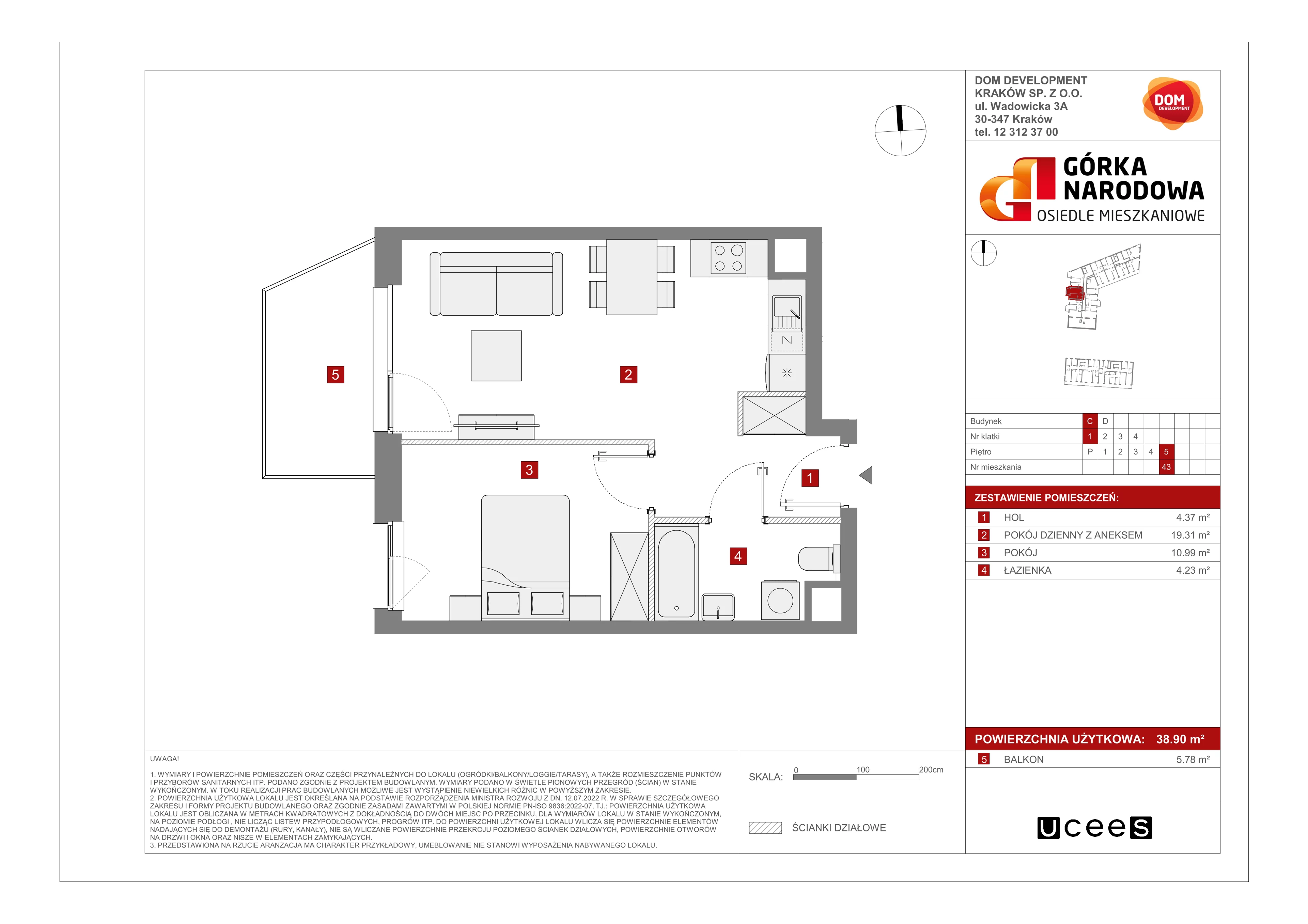 Mieszkanie 38,90 m², piętro 5, oferta nr C/43, Osiedle Górka Narodowa etap 5, Kraków, Prądnik Biały, Górka Narodowa, ul. Papierni Prądnickich