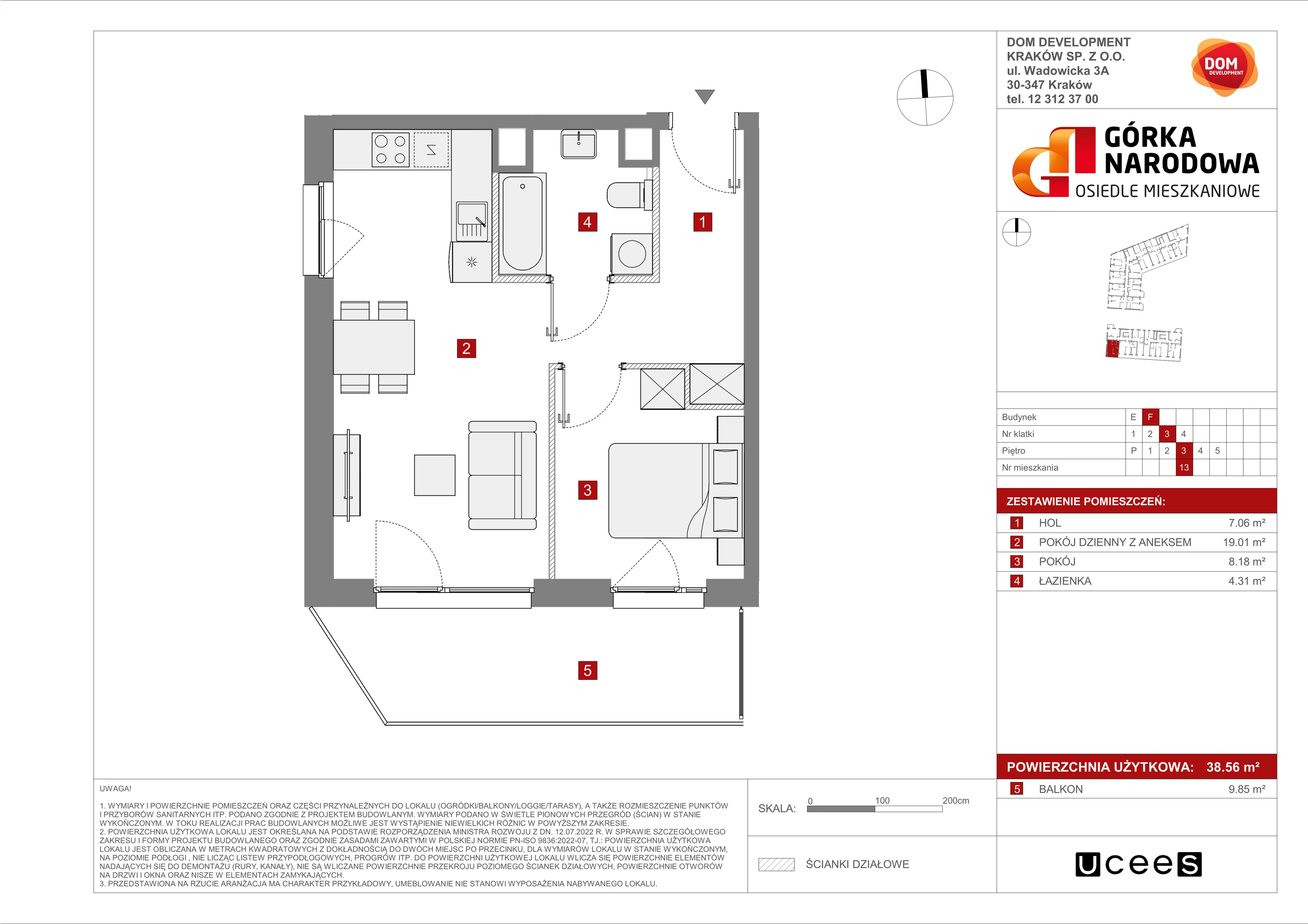 Mieszkanie 38,56 m², piętro 3, oferta nr F/13, Osiedle Górka Narodowa etap 5, Kraków, Prądnik Biały, Górka Narodowa, ul. Papierni Prądnickich