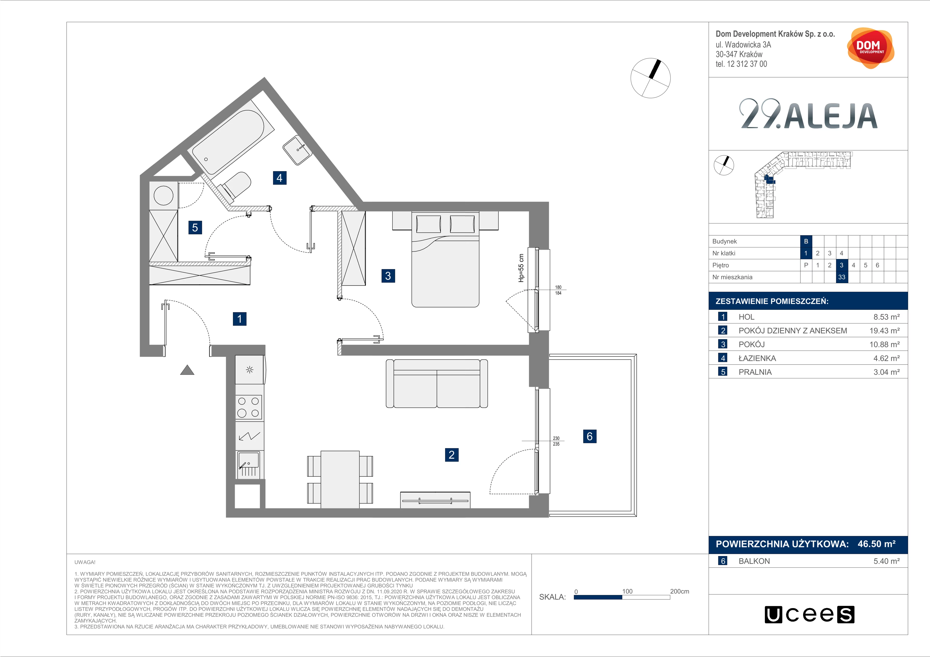 2 pokoje, mieszkanie 46,50 m², piętro 3, oferta nr B/33, 29. Aleja, Kraków, Stare Miasto, Warszawskie, ul. Prandoty 10c / al. 29 Listopada