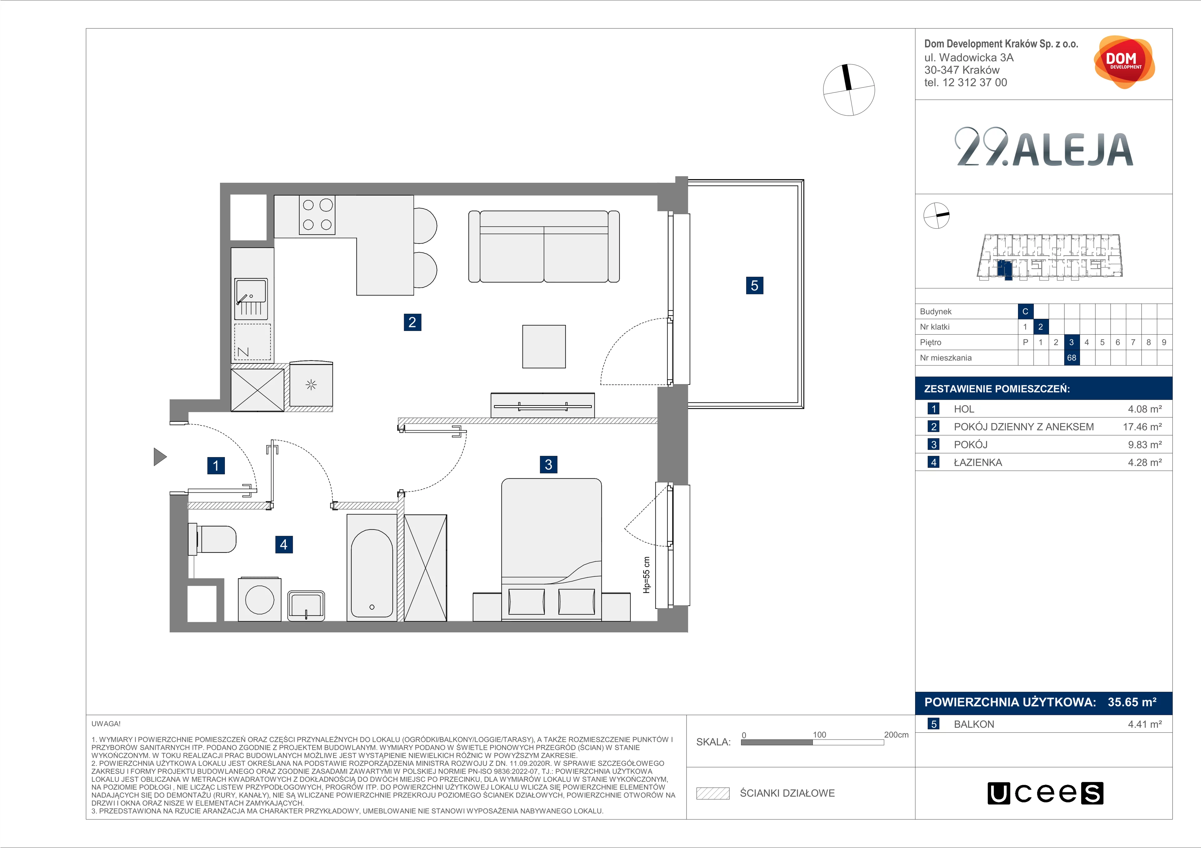 Mieszkanie 35,65 m², piętro 3, oferta nr C/68, 29. Aleja bud. C, Kraków, Stare Miasto, Warszawskie, al. 29 Listopada