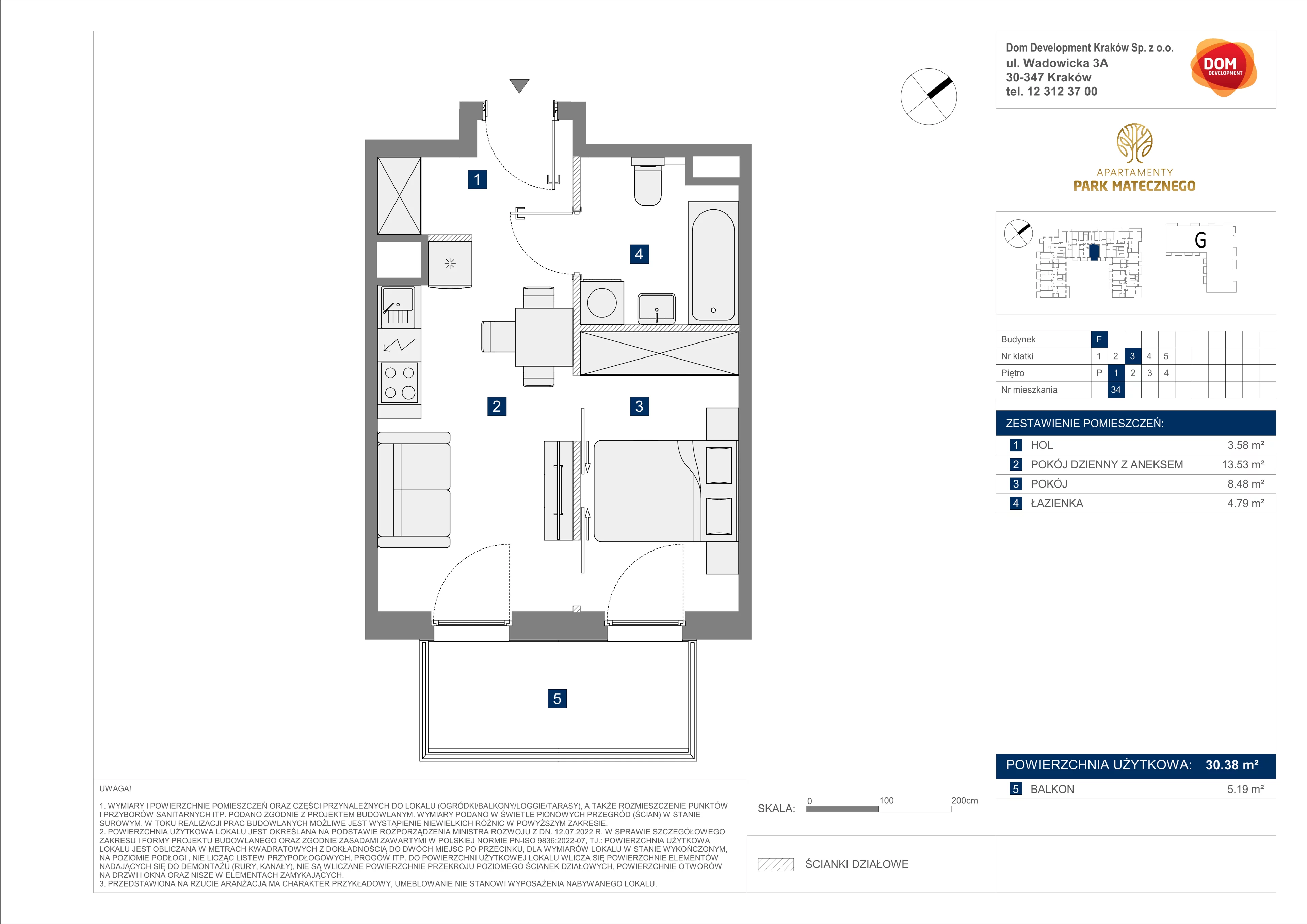 2 pokoje, apartament 30,38 m², piętro 1, oferta nr F/34, Apartamenty Park Matecznego bud. F i G, Kraków, Podgórze, Mateczny, ul. Rydlówka / Nowoorawska