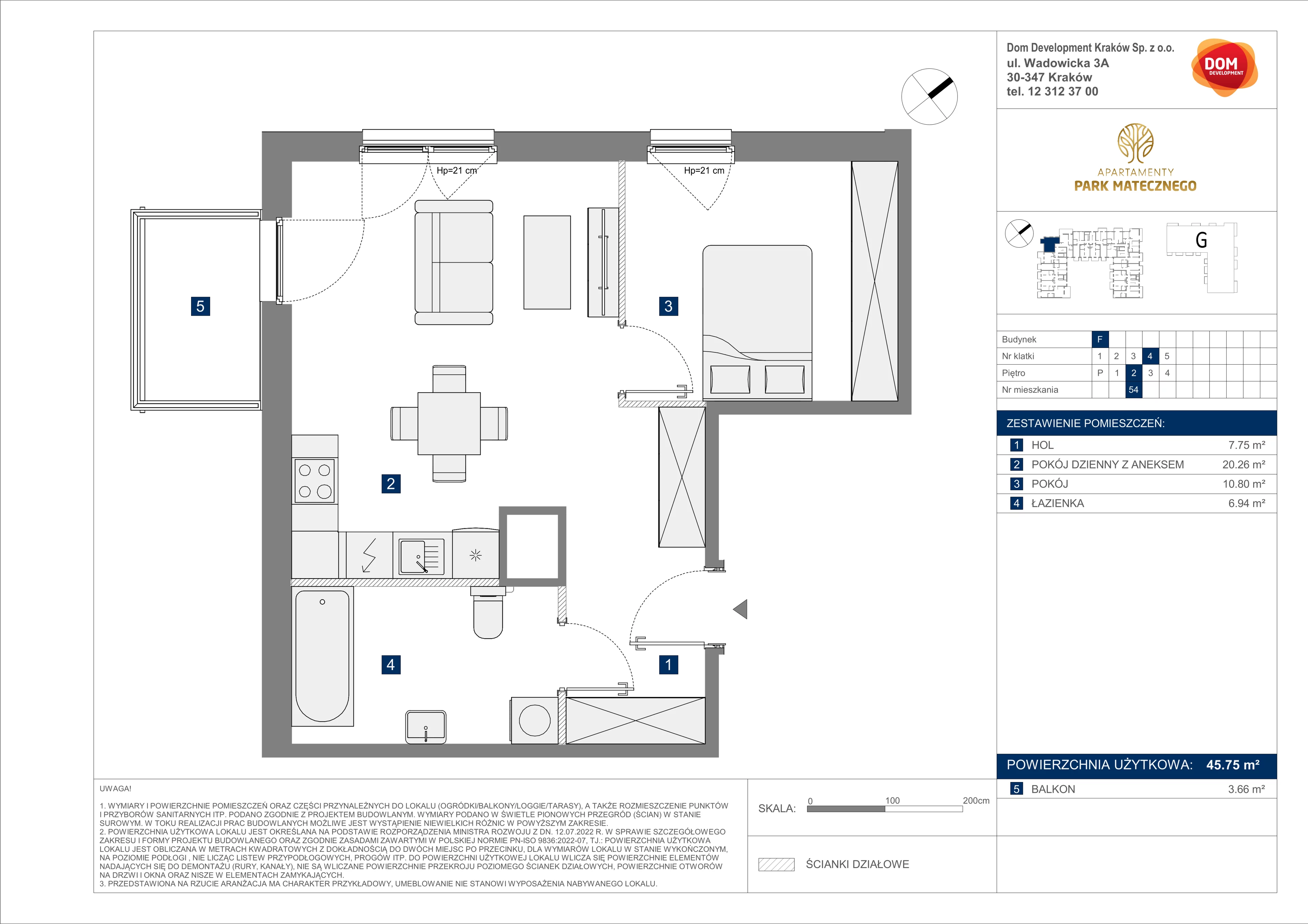 2 pokoje, apartament 45,75 m², piętro 2, oferta nr F/54, Apartamenty Park Matecznego bud. F i G, Kraków, Podgórze, Mateczny, ul. Rydlówka / Nowoorawska