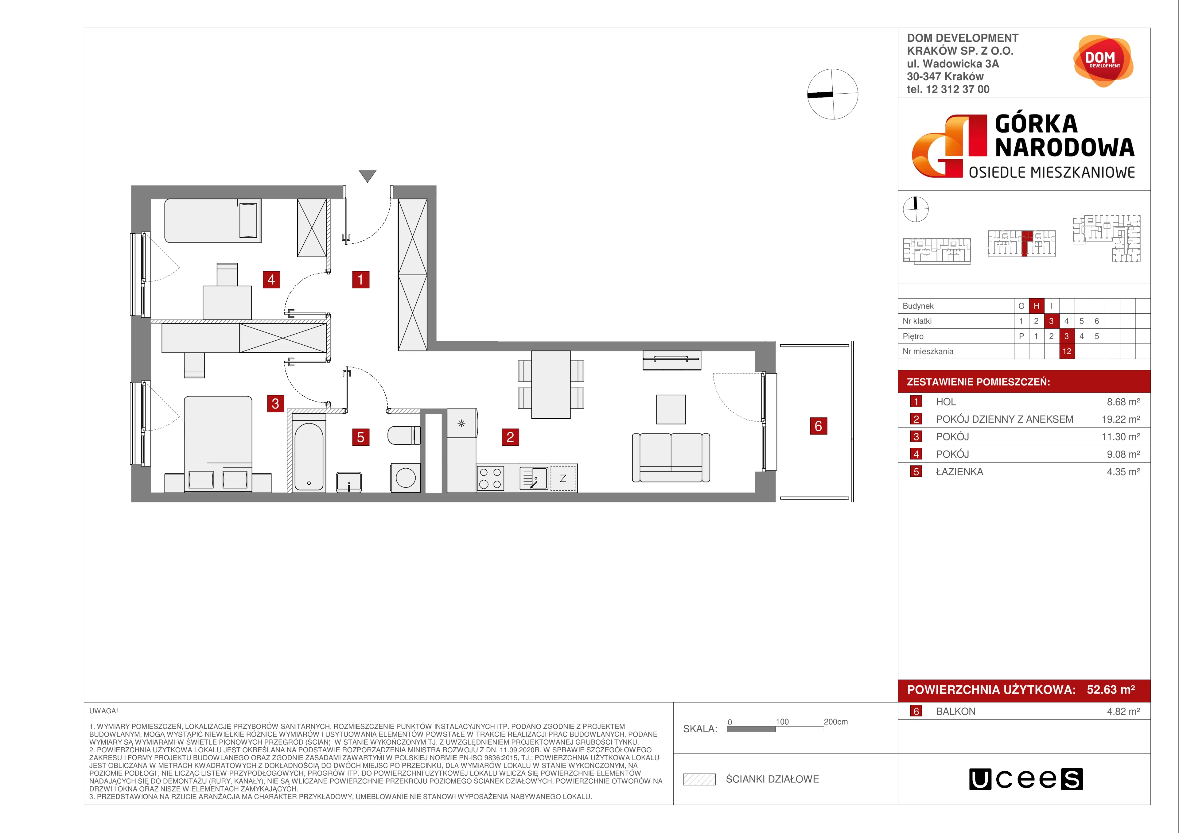 Mieszkanie 52,63 m², piętro 3, oferta nr H/12, Osiedle Górka Narodowa, Kraków, Prądnik Biały, Górka Narodowa, ul. Andrzeja Zauchy