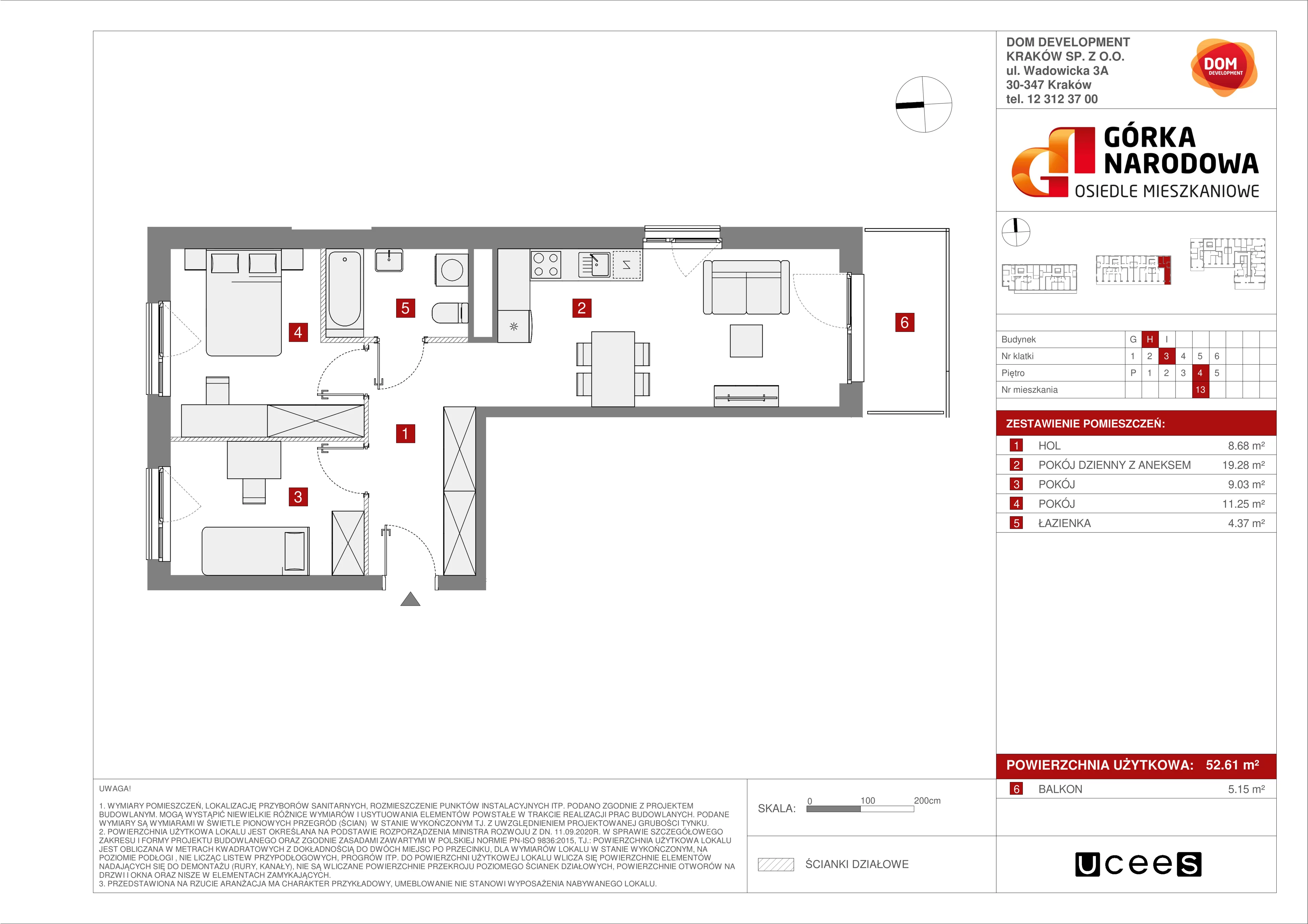 Mieszkanie 52,61 m², piętro 4, oferta nr H/13, Osiedle Górka Narodowa, Kraków, Prądnik Biały, Górka Narodowa, ul. Andrzeja Zauchy