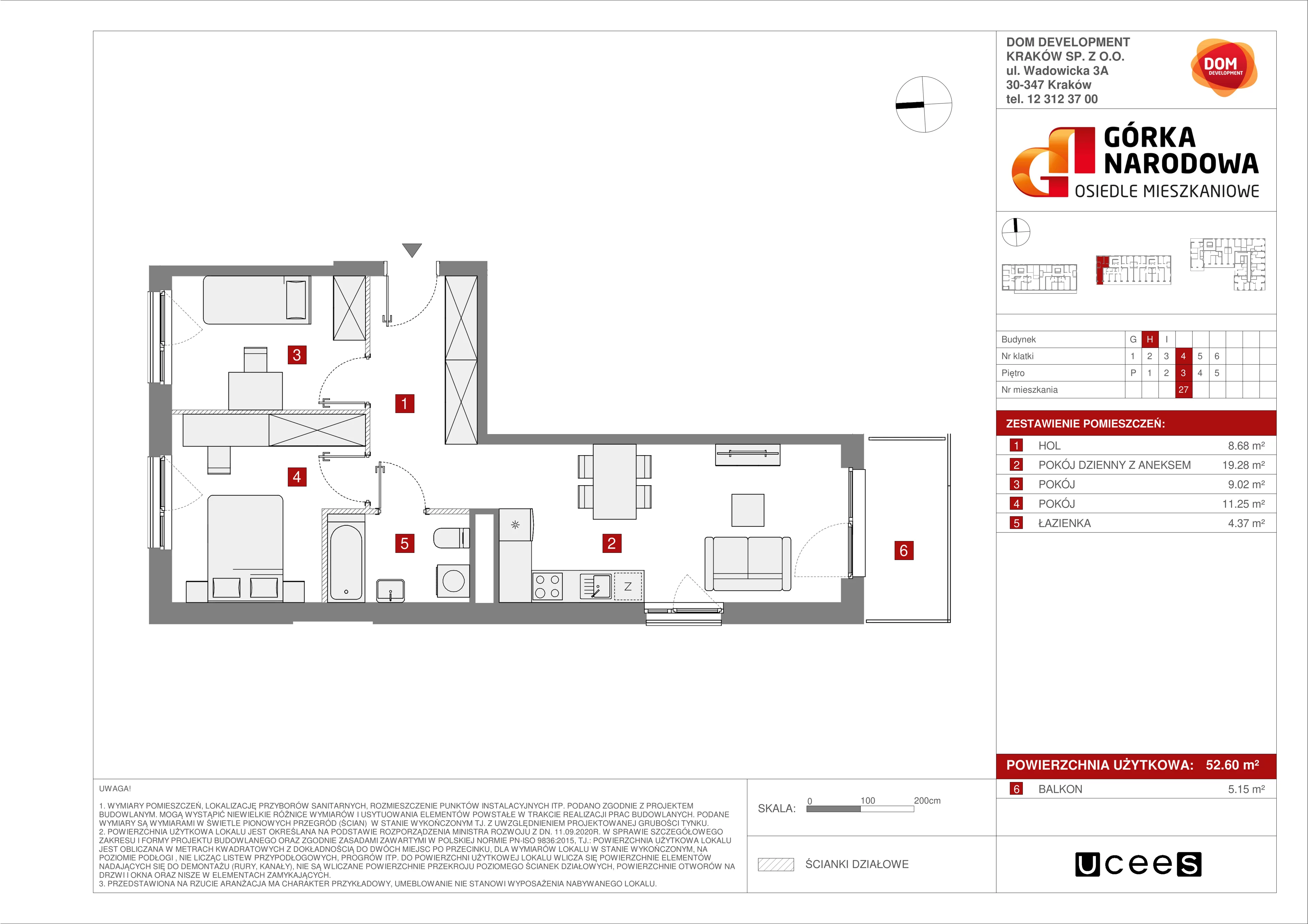 Mieszkanie 52,60 m², piętro 3, oferta nr H/27, Osiedle Górka Narodowa, Kraków, Prądnik Biały, Górka Narodowa, ul. Andrzeja Zauchy