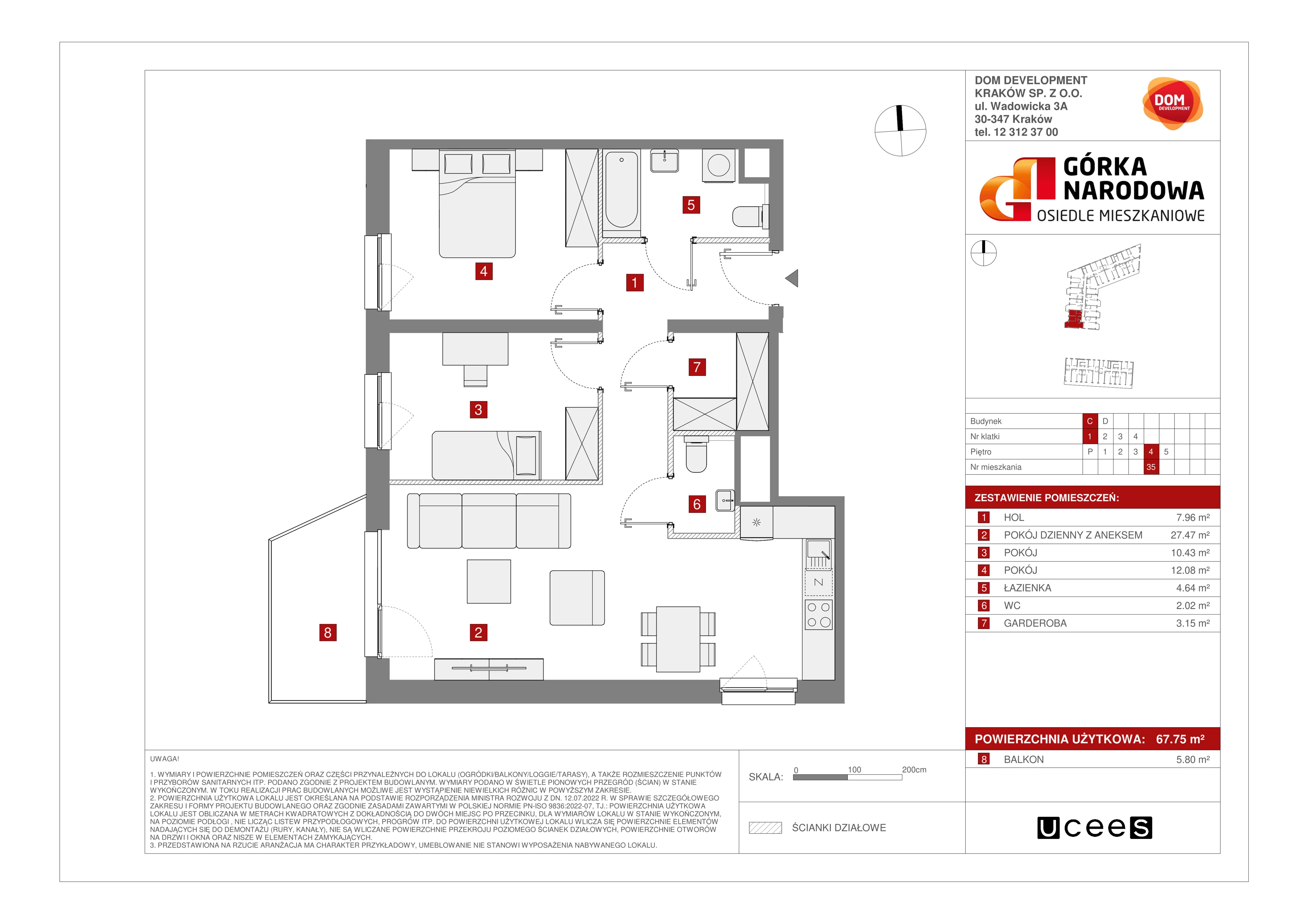 3 pokoje, mieszkanie 67,75 m², piętro 4, oferta nr C/35, Osiedle Górka Narodowa etap 5, Kraków, Prądnik Biały, Górka Narodowa, ul. Papierni Prądnickich