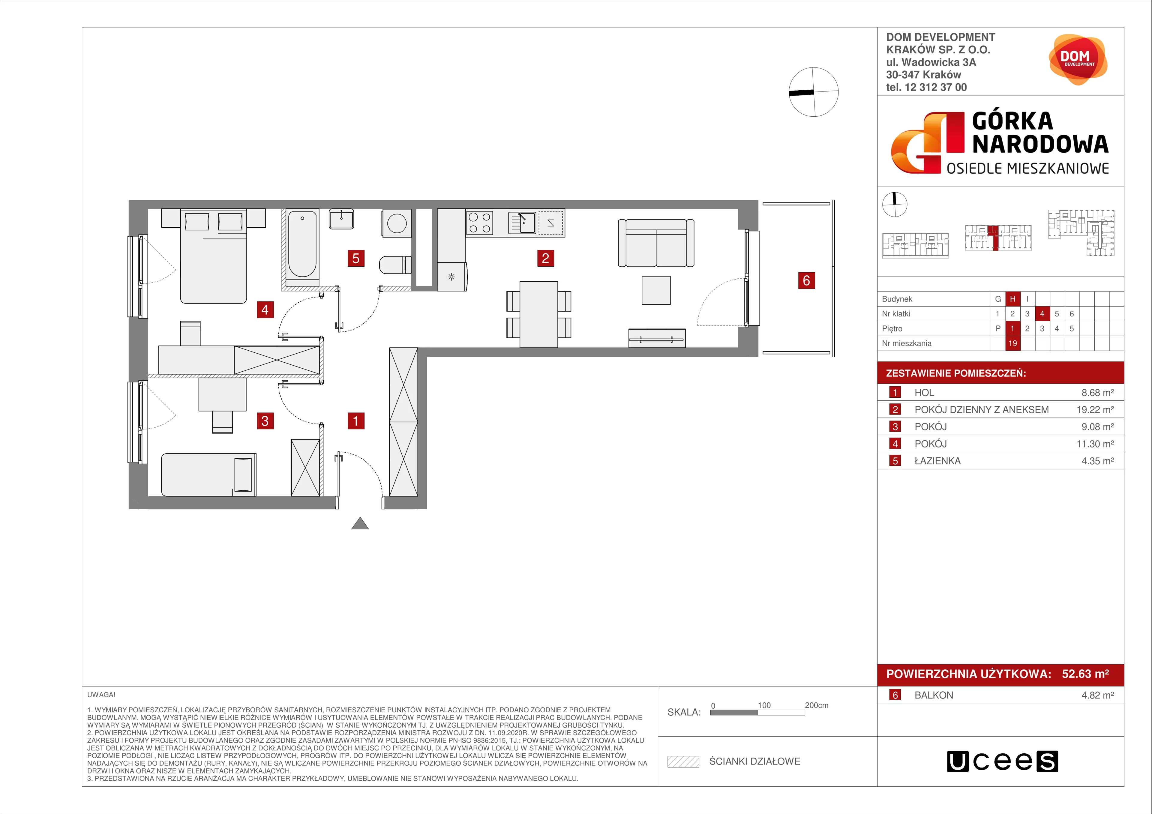 Mieszkanie 52,63 m², piętro 1, oferta nr H/19, Osiedle Górka Narodowa, Kraków, Prądnik Biały, Górka Narodowa, ul. Andrzeja Zauchy