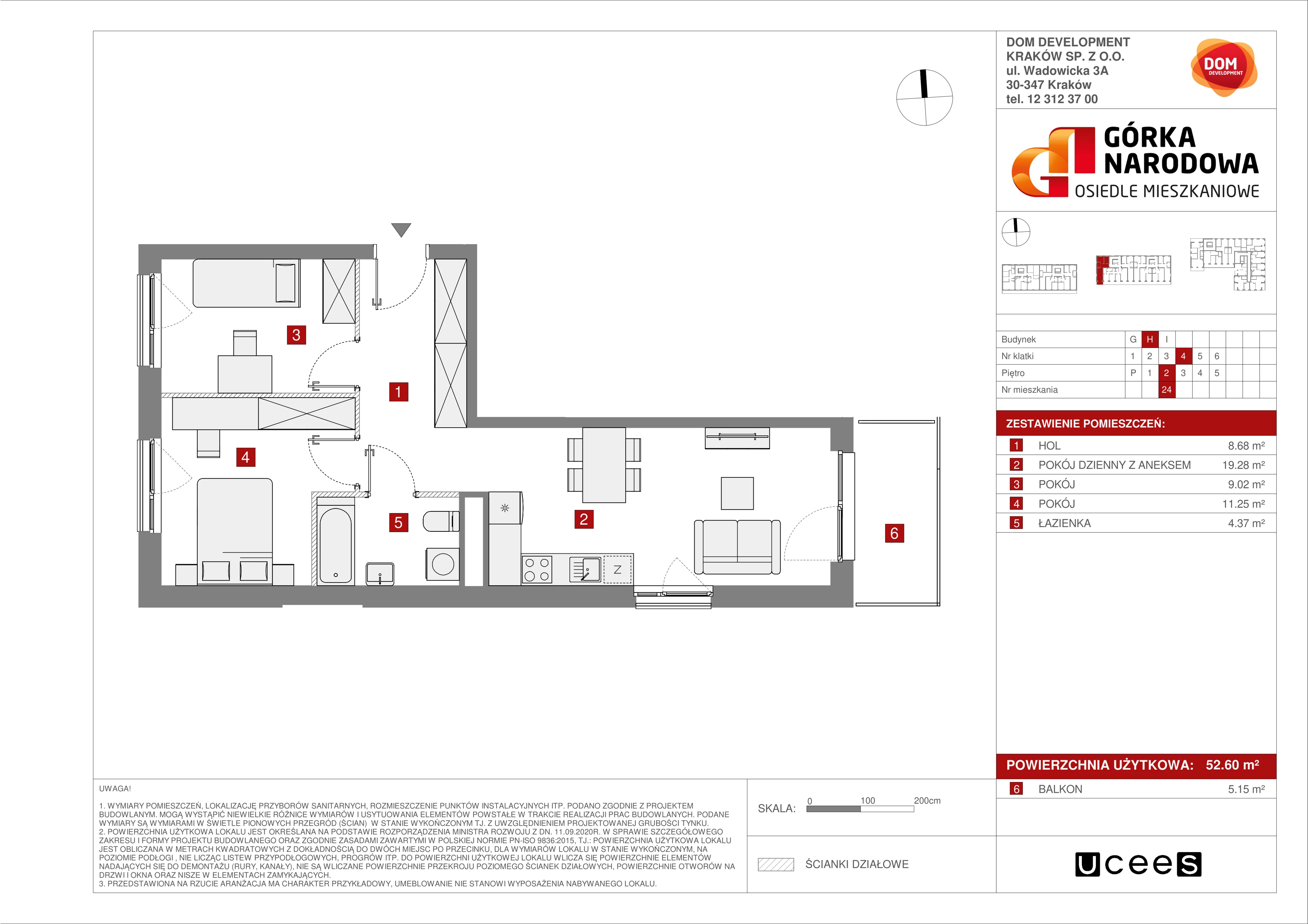 Mieszkanie 52,60 m², piętro 2, oferta nr H/24, Osiedle Górka Narodowa, Kraków, Prądnik Biały, Górka Narodowa, ul. Andrzeja Zauchy