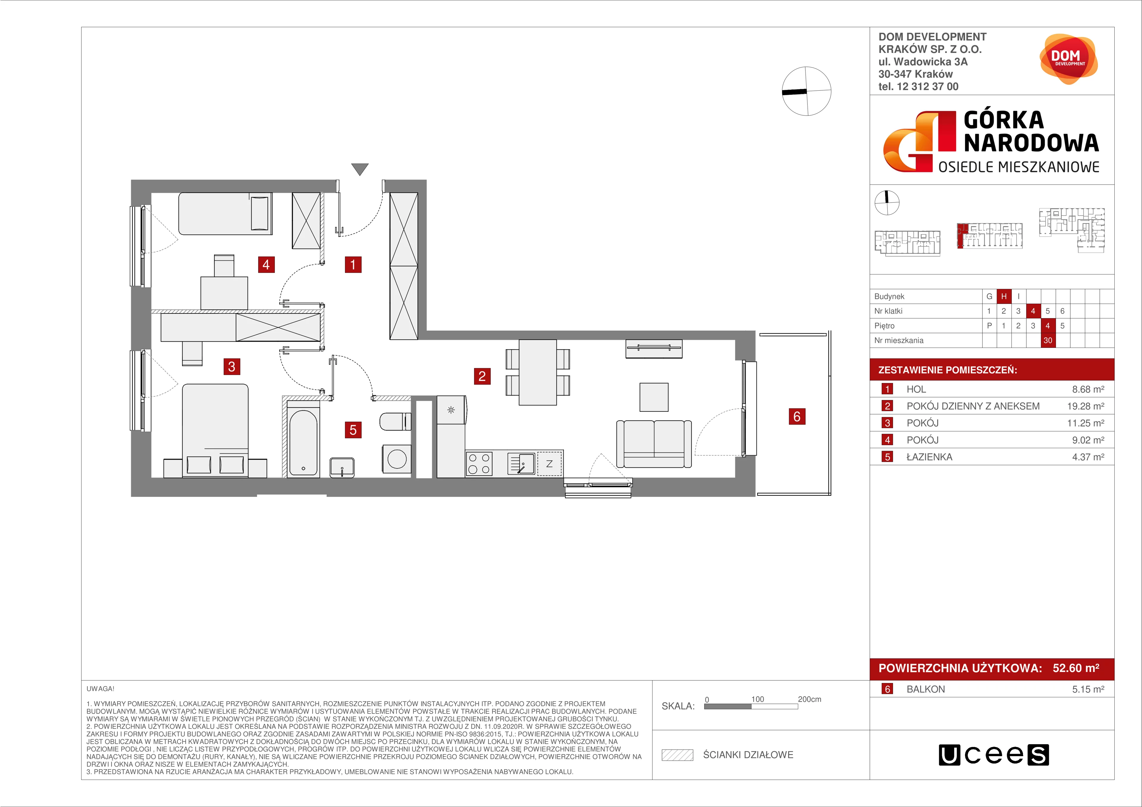 Mieszkanie 52,60 m², piętro 4, oferta nr H/30, Osiedle Górka Narodowa, Kraków, Prądnik Biały, Górka Narodowa, ul. Andrzeja Zauchy