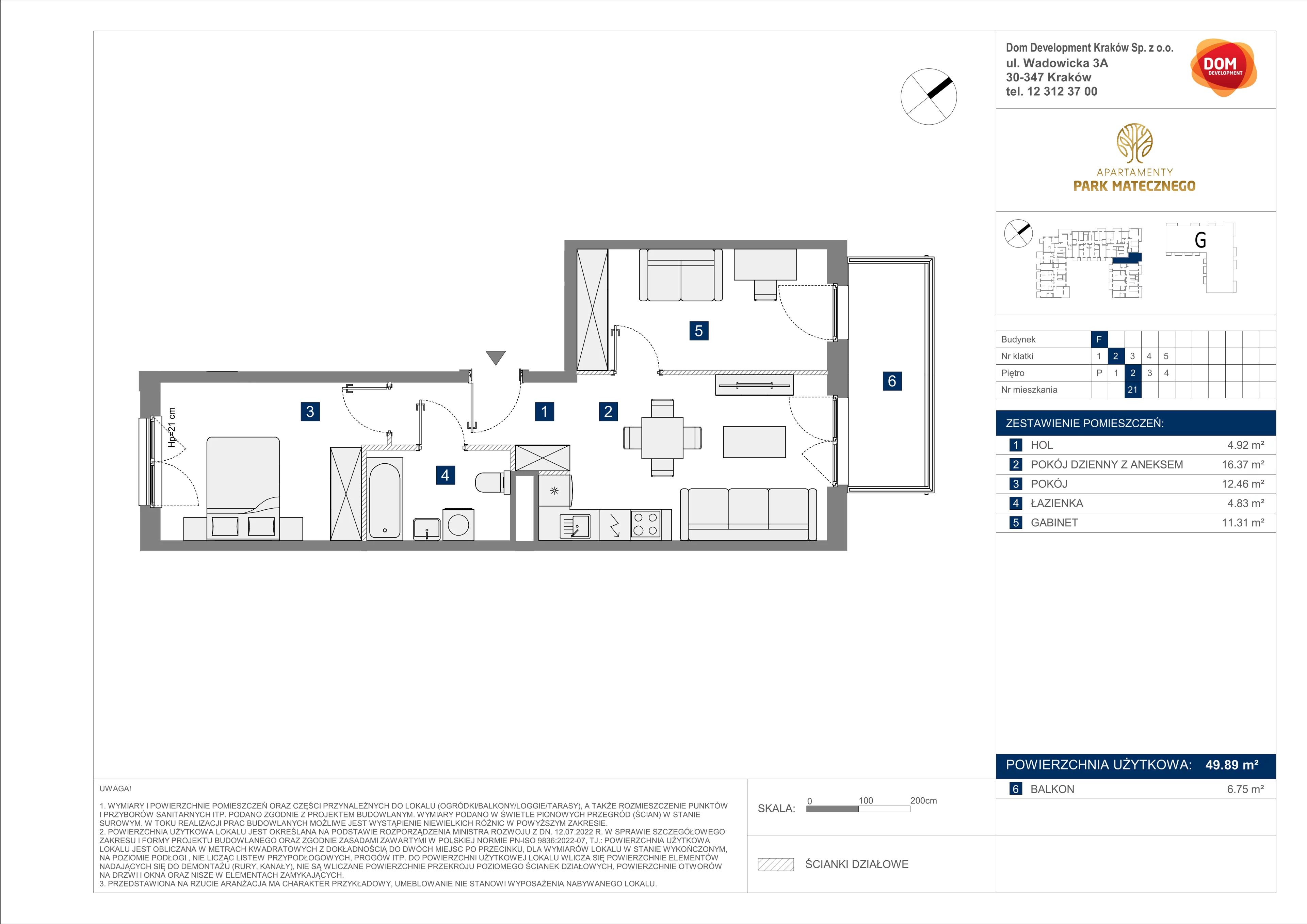 3 pokoje, apartament 49,89 m², piętro 2, oferta nr F/21, Apartamenty Park Matecznego bud. F i G, Kraków, Podgórze, Mateczny, ul. Rydlówka / Nowoorawska
