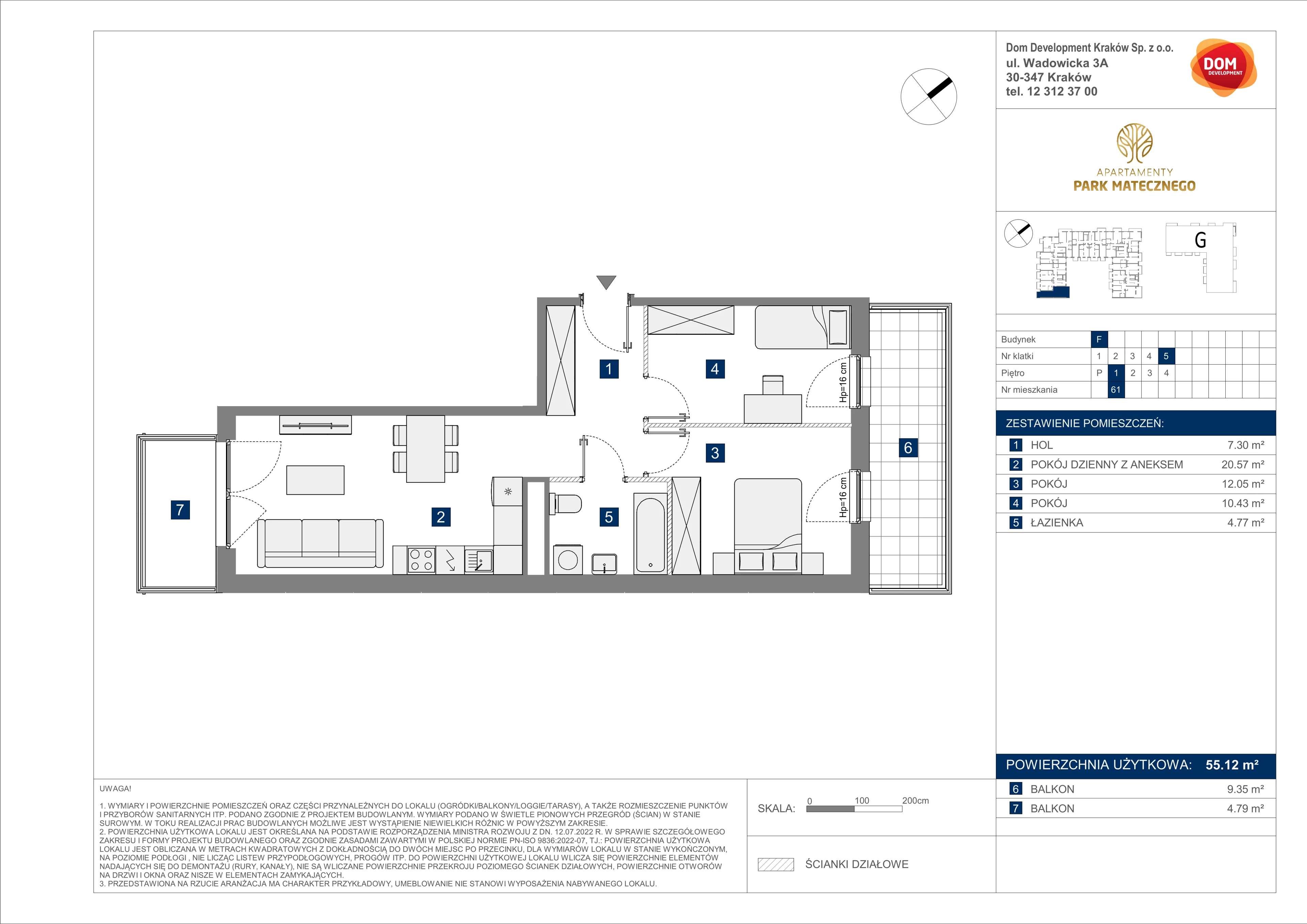 3 pokoje, mieszkanie 55,12 m², piętro 1, oferta nr F/61, Apartamenty Park Matecznego bud. F i G, Kraków, Podgórze, Mateczny, ul. Rydlówka / Nowoorawska